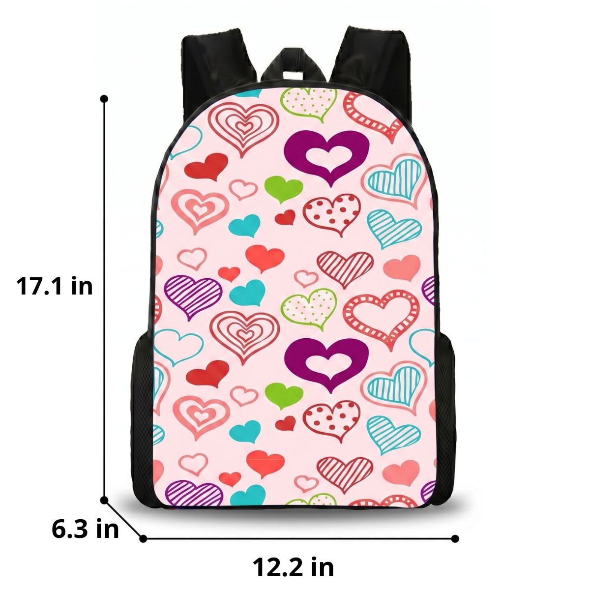 Kids' Colourful Hearts Backpack | 3-Piece School Set (Backpack + Lunch Bag + Pencil Case) | Waterproof Oxford Fabric