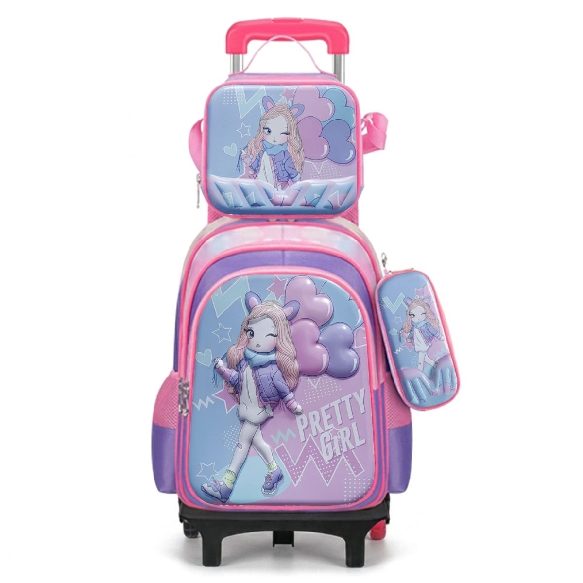 Cartable Pretty Girl à roulettes | Ensemble 3 pièces (sac à dos + lunch bag + trousse ) | Grande capacité | Tissu polyester résistant