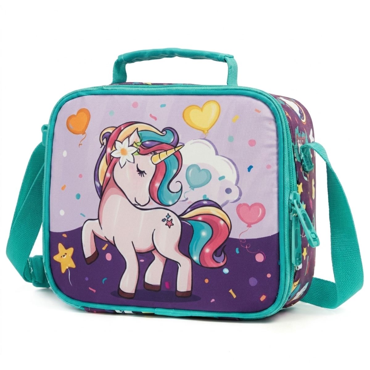 Cartable licorne arc-en-ciel | Ensemble 3 pièces (Sac+lunch bag+trousse) | Roulettes intégrées | Tissu Oxford résistant