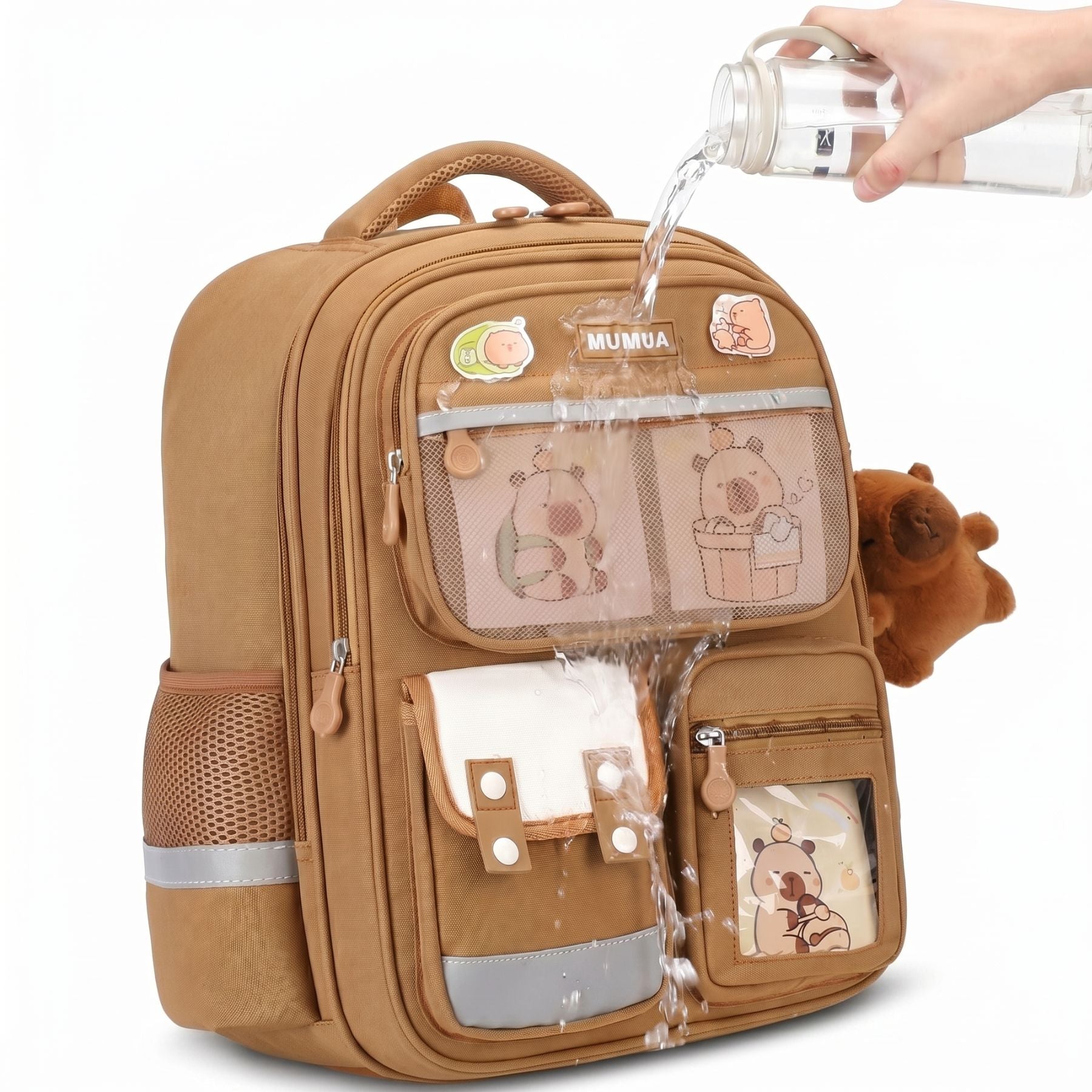 Cartable scolaire ourson caramel | Multi compartiments | Tissu Oxford résistant