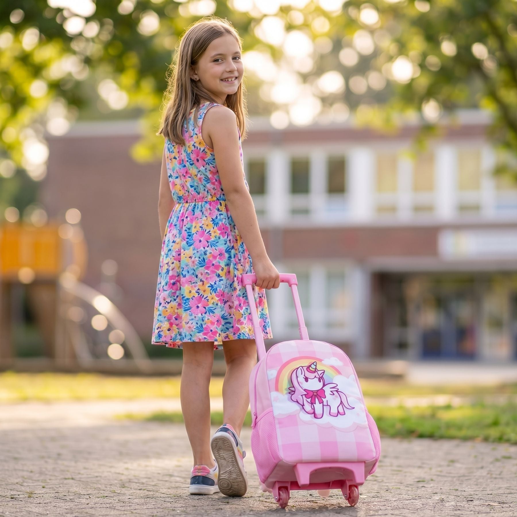 Cartable à roulettes licorne rose | Compartiments spacieux | Polyester résistant