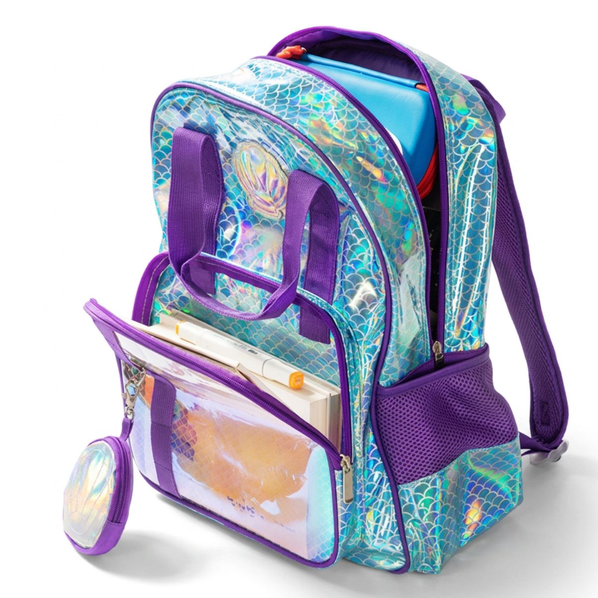 Cartable coquillage irisé | Ensemble 3 pièces (sac + lunch bag + trousse) | Polyester et PVC résistants