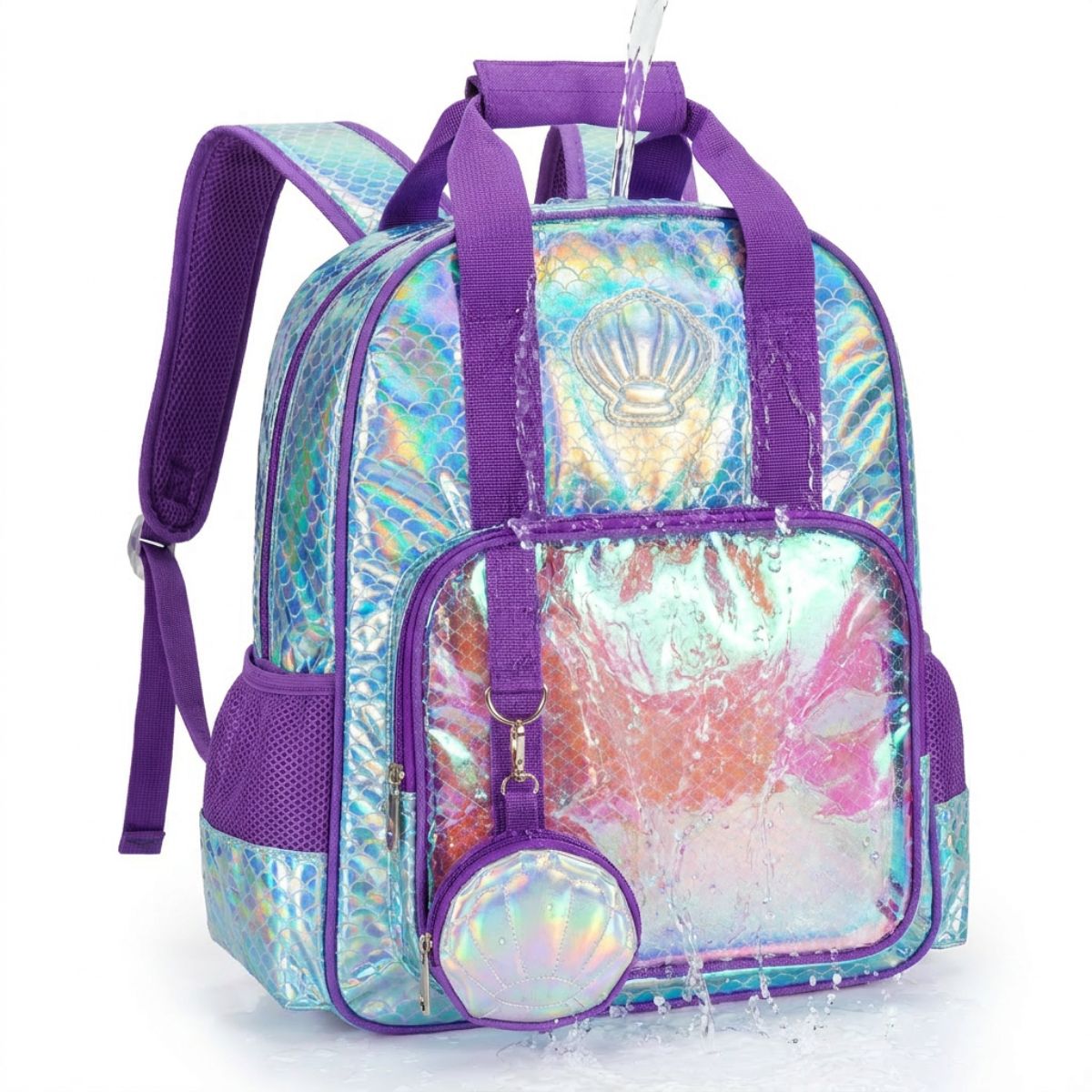 Cartable coquillage irisé | Ensemble 3 pièces (sac + lunch bag + trousse) | Polyester et PVC résistants