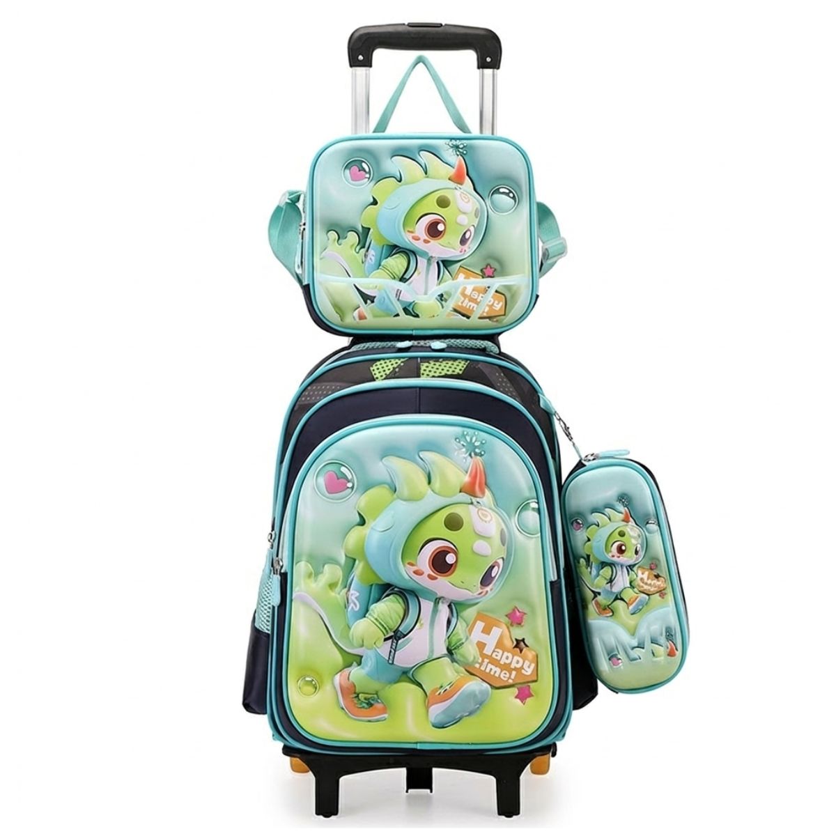 Cartable dinosaure à roulettes | Ensemble 3 pièces (sac+lunch bag+trousse) | Tissu Oxford résistant