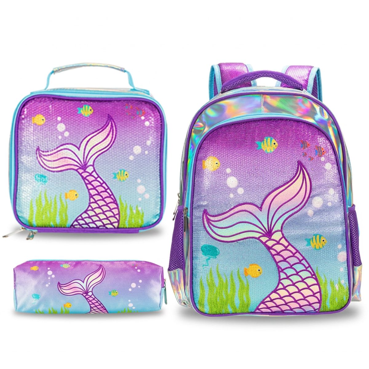 Cartable fille sirène violette | Kit 3 pièces (cartable + lunch bag + trousse) | Oxford résistant