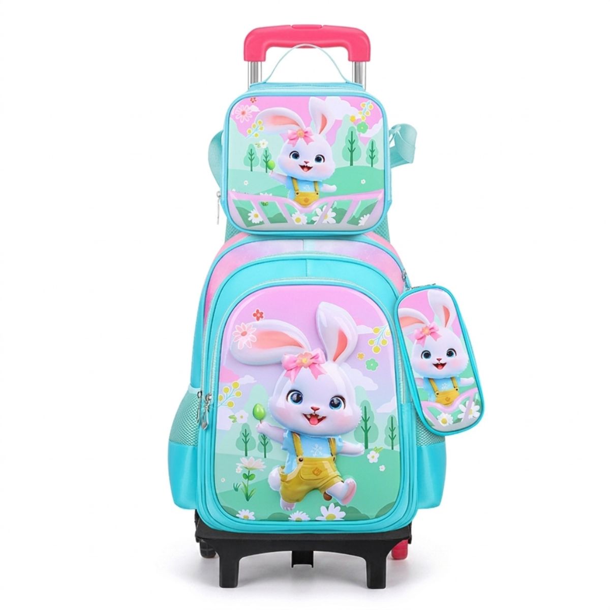 Cartable lapin à roulettes | Ensemble 3 pièces (sac+lunch bag+trousse) | Tissu Oxford résistant