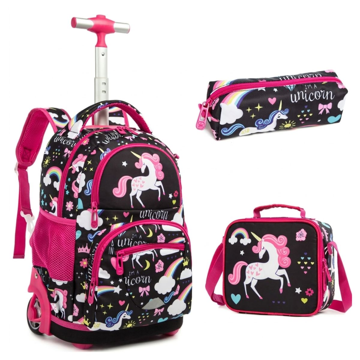 Cartable licorne à roulettes | Ensemble 3 pièces (Sac+lunch bag+trousse) | Tissu Oxford imperméable