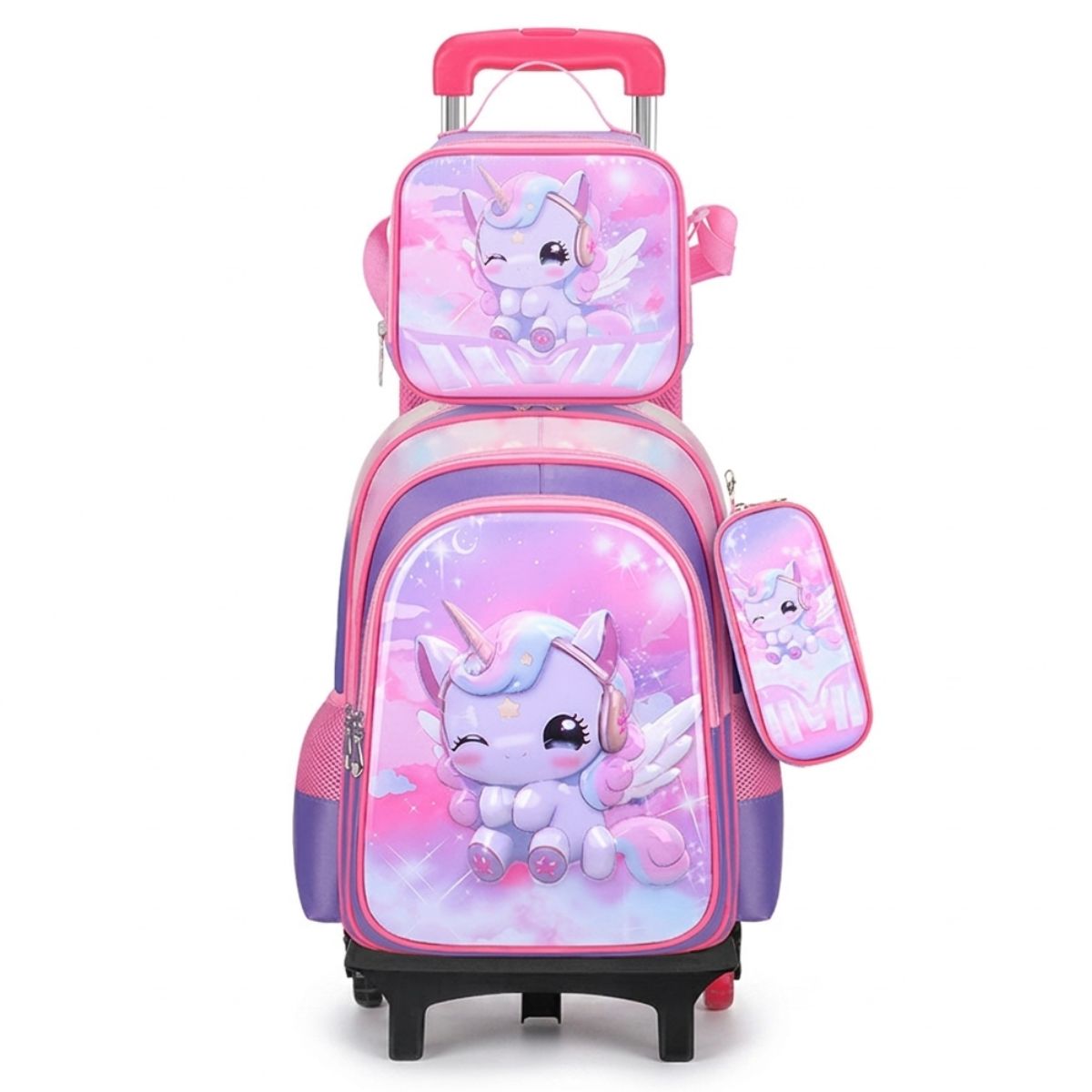 Cartable licorne clin d'œil à roulettes | Ensemble 3 pièces (sac+lunch bag+trousse) | Tissu Oxford résistant