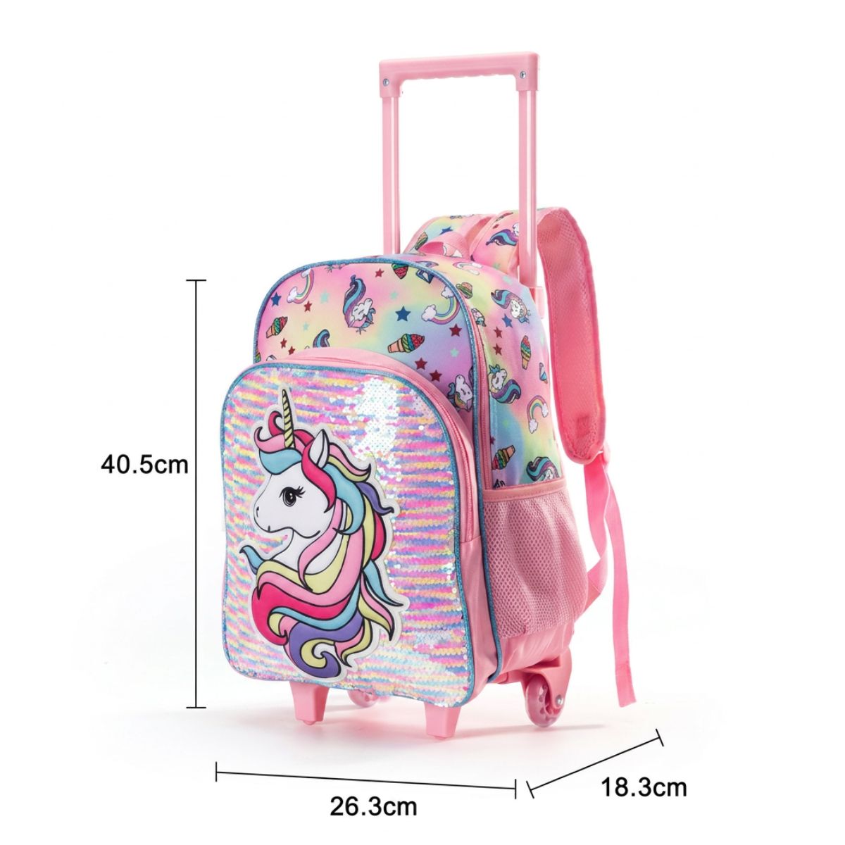 Cartable licorne pailleté à roulettes | Kit 3 pièces (cartable + sac repas + trousse) | Oxford résistant