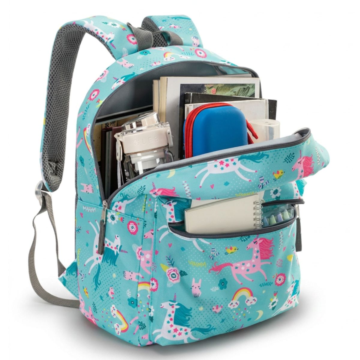 Cartable licorne turquoise | Kit 3 pièces (cartable + sac repas + trousse) | Tissu Oxford résistant
