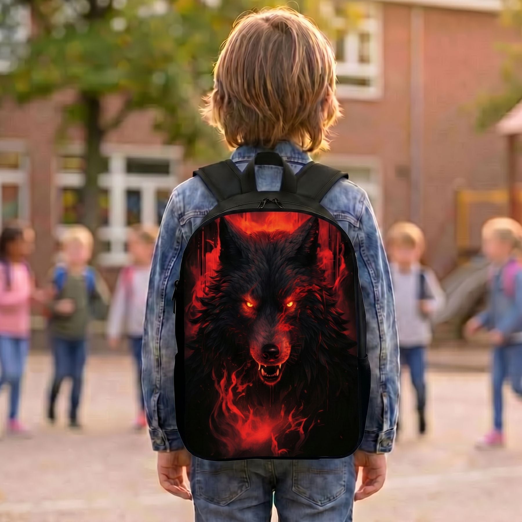Cartable loup rouge | Bretelles réglables | Polyester résistant | Port confortable