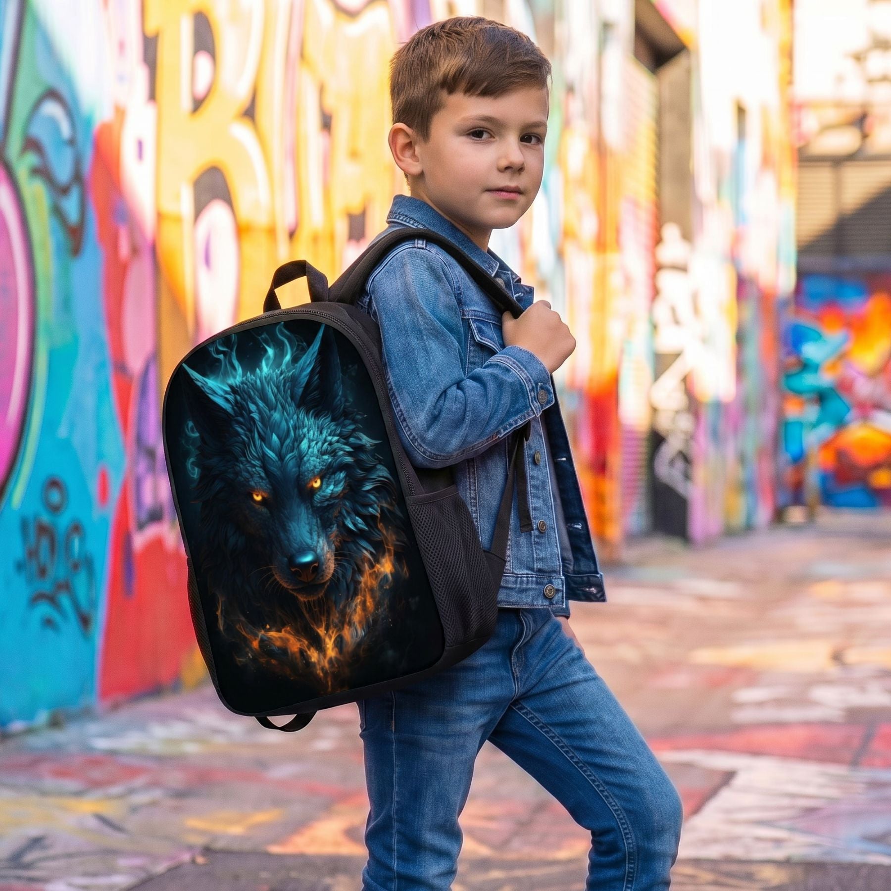 Cartable loup volcanique | Bretelles réglables | Polyester résistant | Port confortable