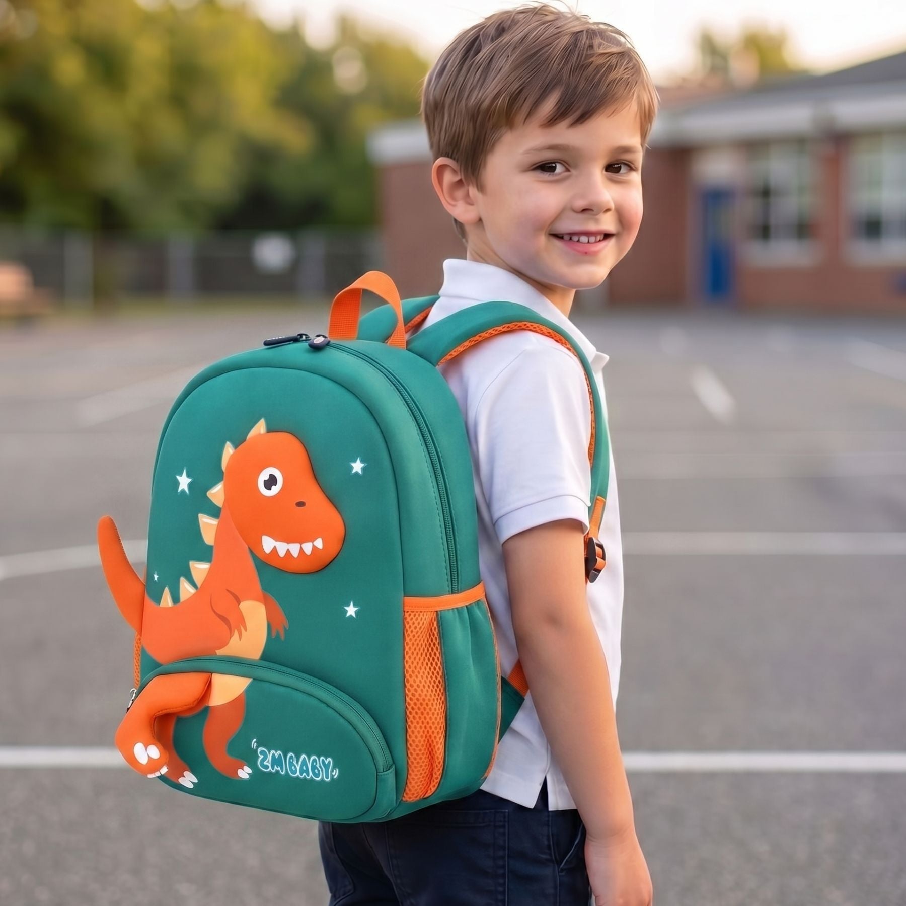 Cartable dinosaure orange | Bretelles respirantes | Tissu néoprène léger | Port confortable