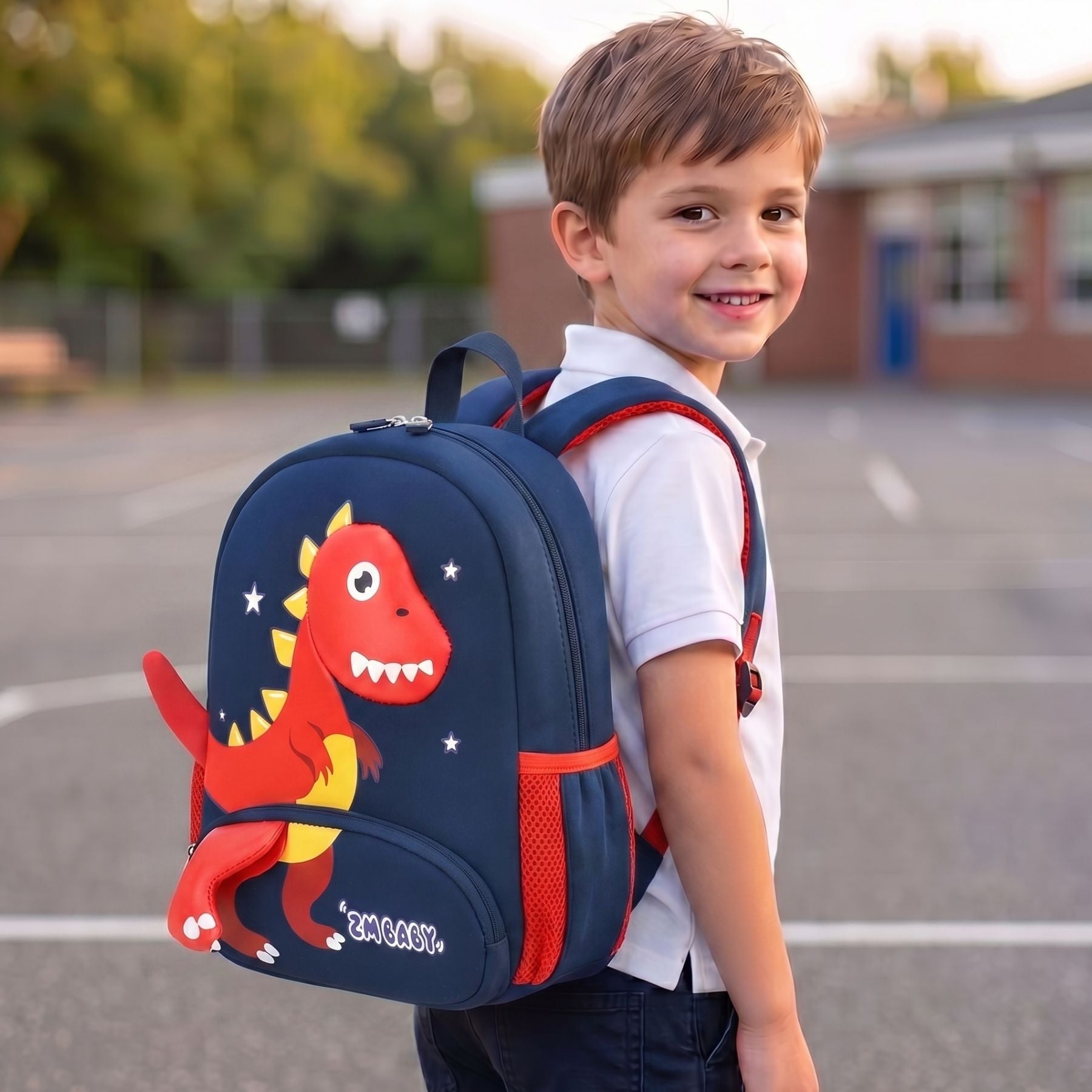 Cartable maternelle dinosaure rouge | Bretelles respirantes | Tissu néoprène léger