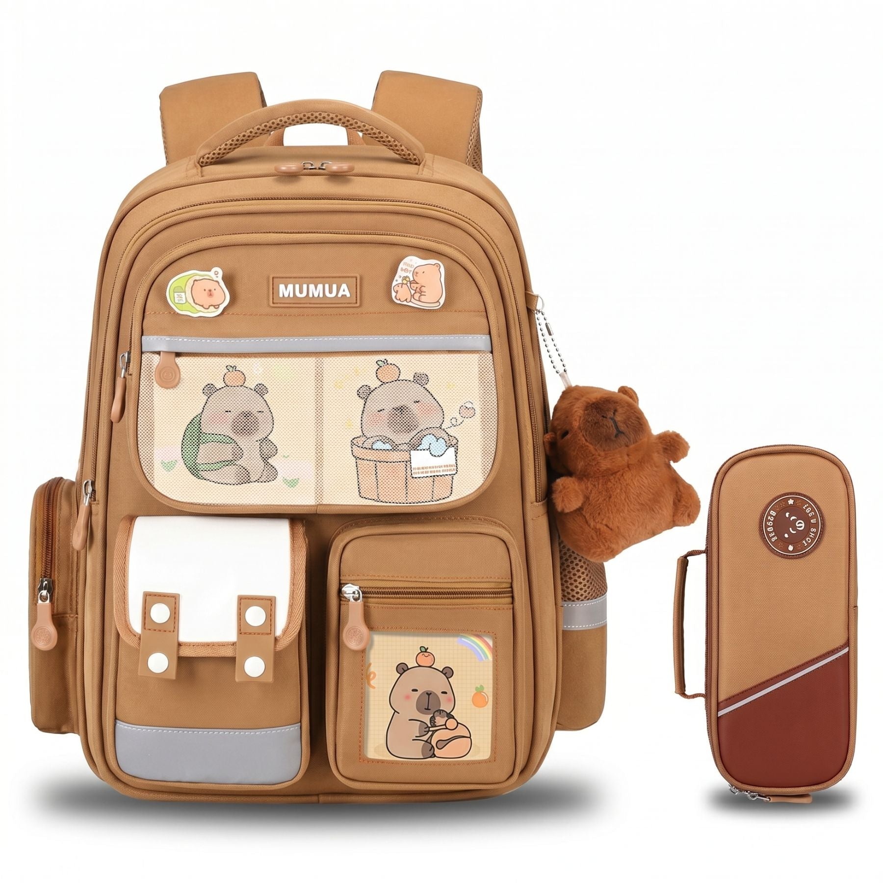 Cartable scolaire ourson caramel | Ensemble (Sac + trousse) | Tissu Oxford résistant
