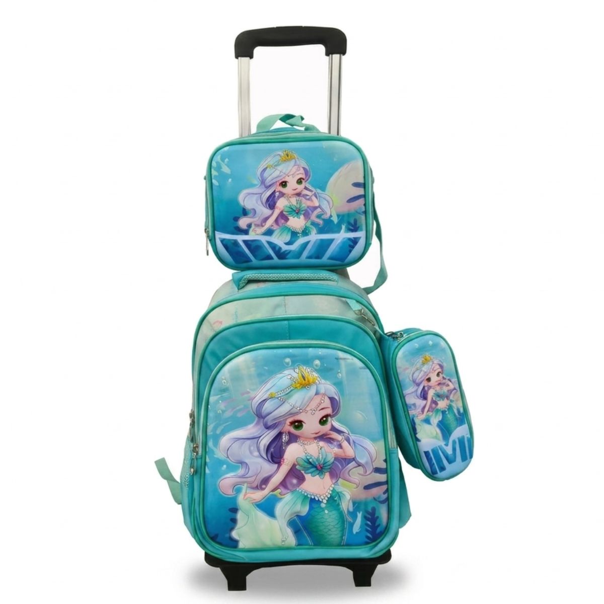 Cartable sirène à roulettes | Ensemble 3 pièces (sac+lunch bag+trousse) | Tissu Oxford imperméable
