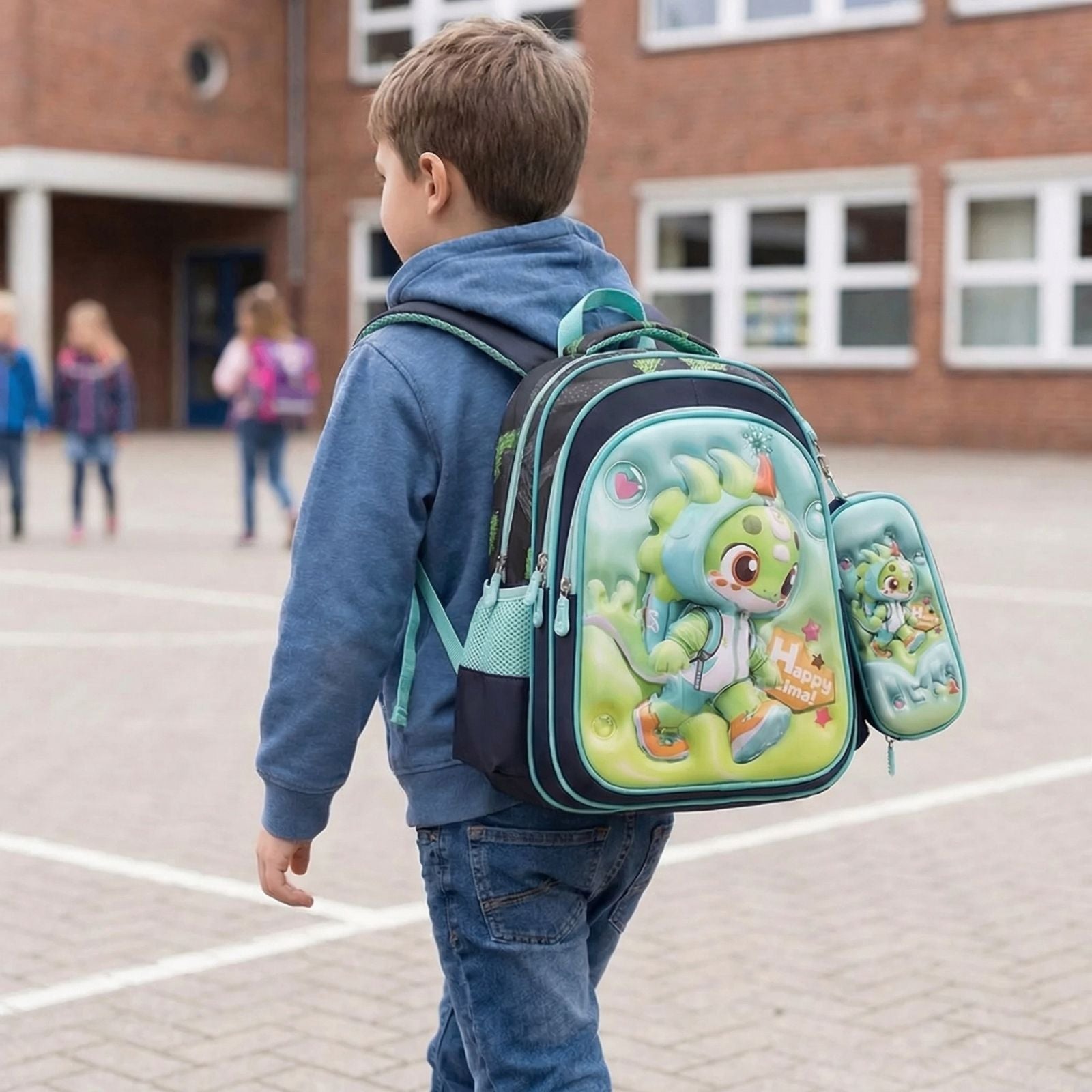 Sac Trolley École Primaire | Dinosaure Vert & Bleu 3D | Set 3 Pièces | Imperméable CP au CM2