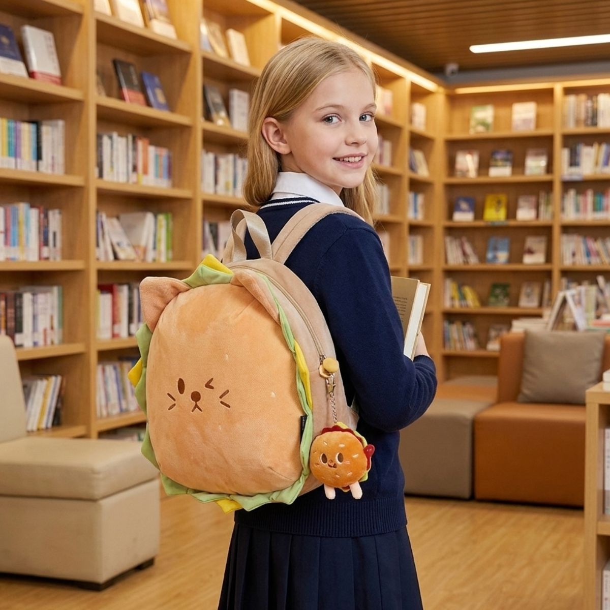 Sac à dos ours hamburger | Porte-clés inclus | Peluche douce | Style kawaii