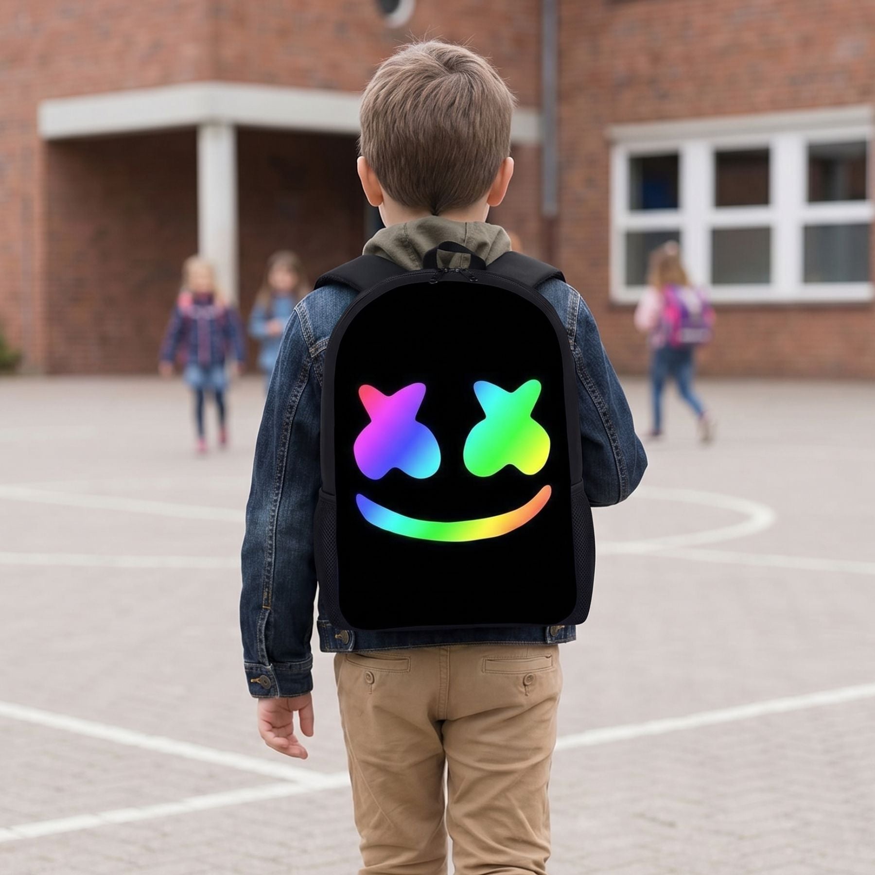 Sac à dos smiley pour enfant | Kit 3 pièces (sac + bandoulière + trousse) | Tissu Oxford résistant