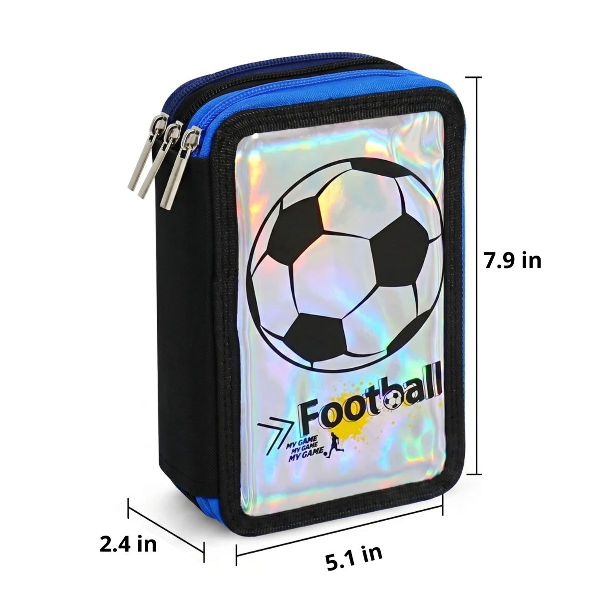 Football Pencil Case for Boys | 3 Zipped Compartments | Holographic Design | Large Capacity
