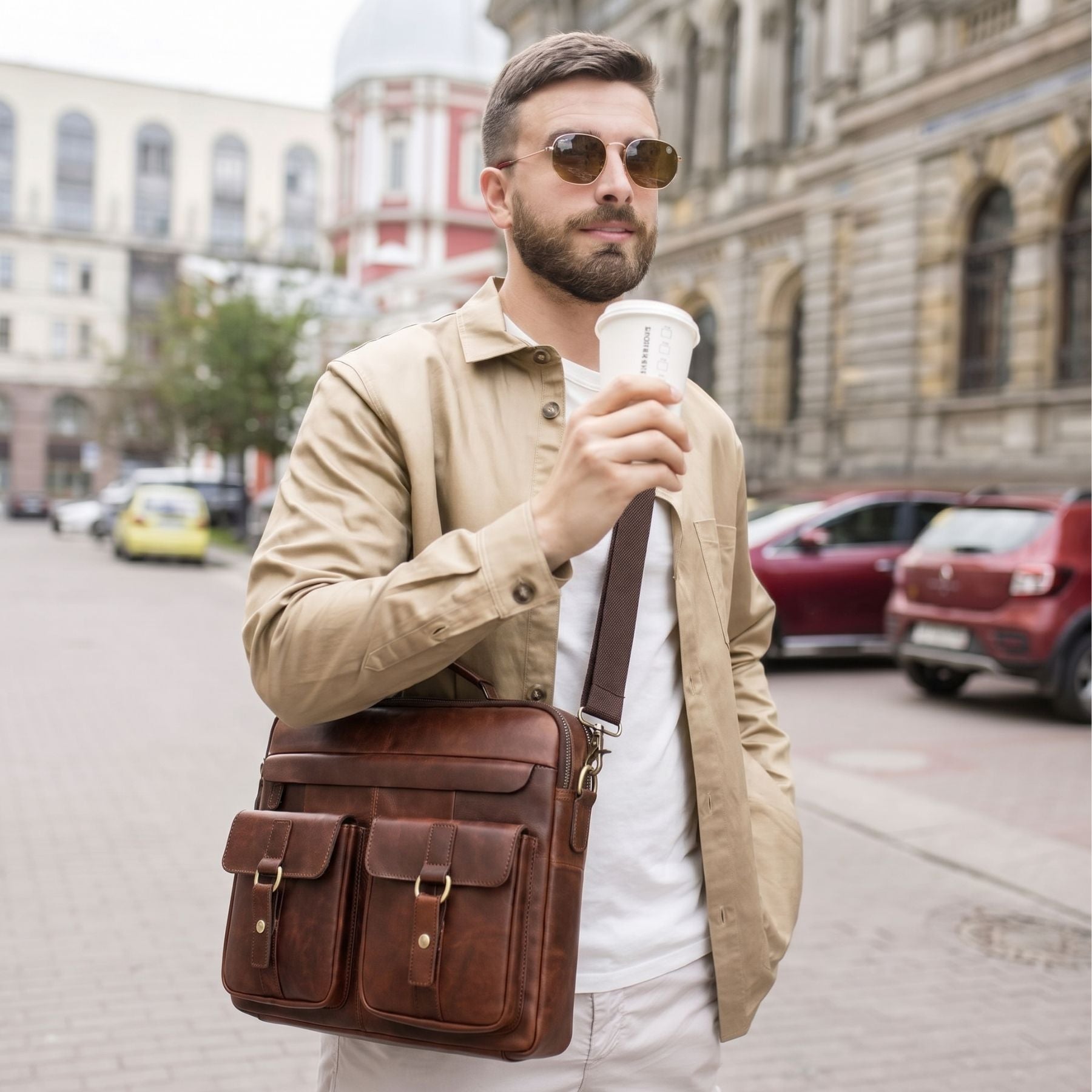 Sac bandoulière pour homme rétro vintage | Multiples poches | Cuir résistant