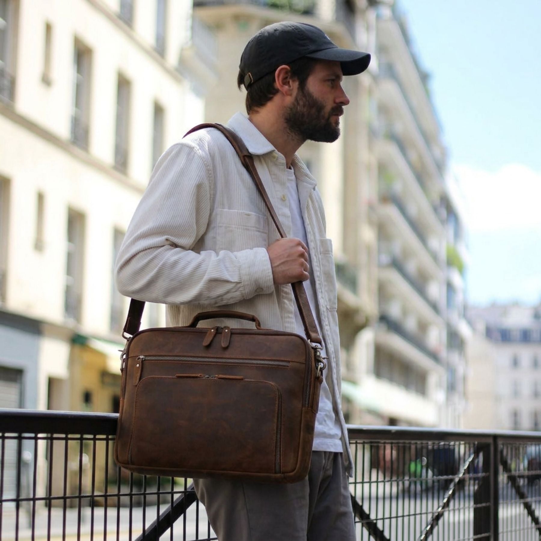 Sac bandoulière vintage homme | Compartiments multiples | Cuir véritable