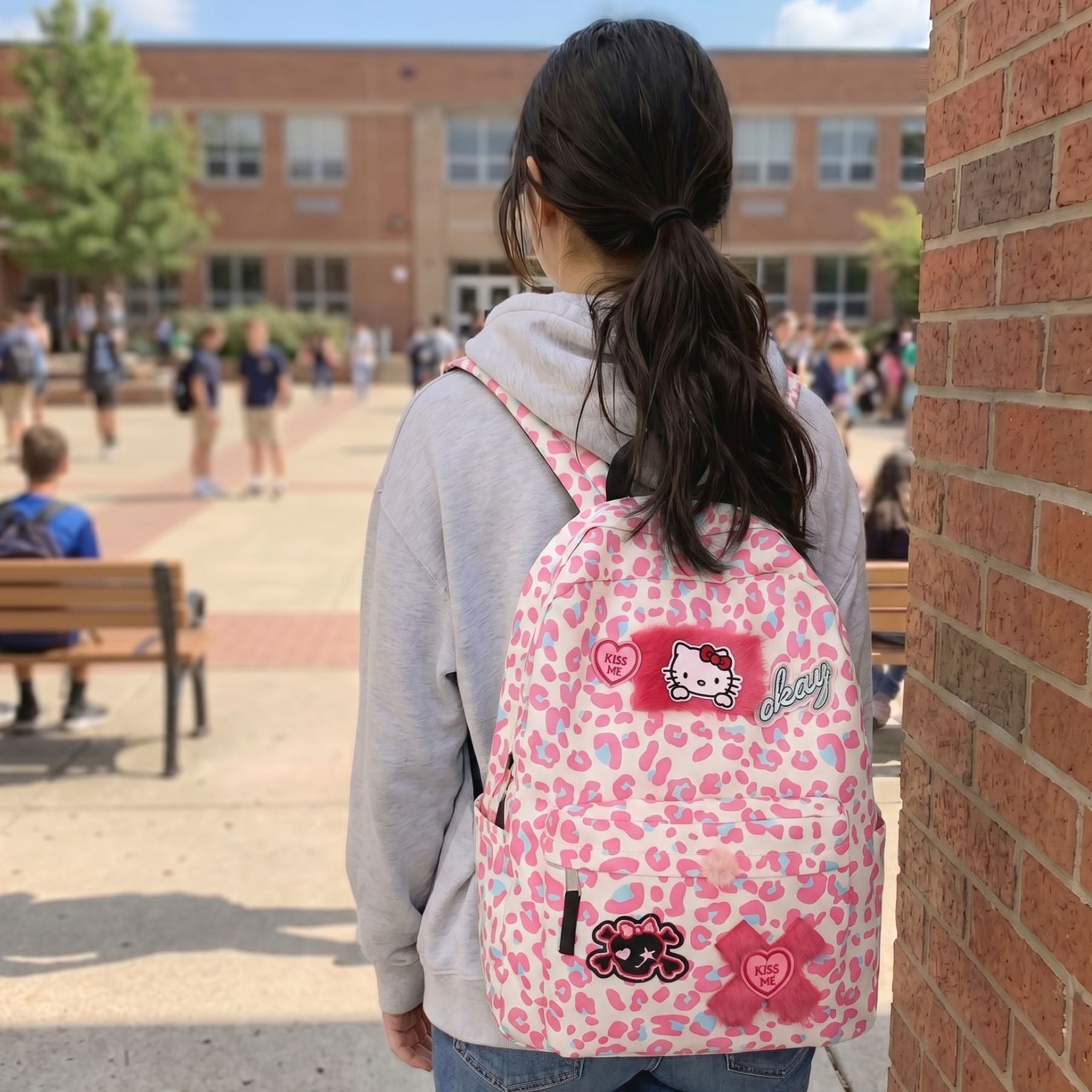 Sac scolaire léopard rose | Bretelles réglables | Nylon résistant | Motifs kawaii brodés