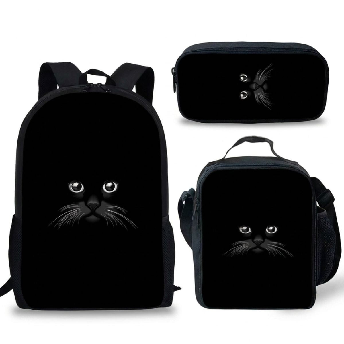 Sac à dos Chat | Ensemble 3 pièces (Sac + bandoulière + trousse) | Polyester résistant
