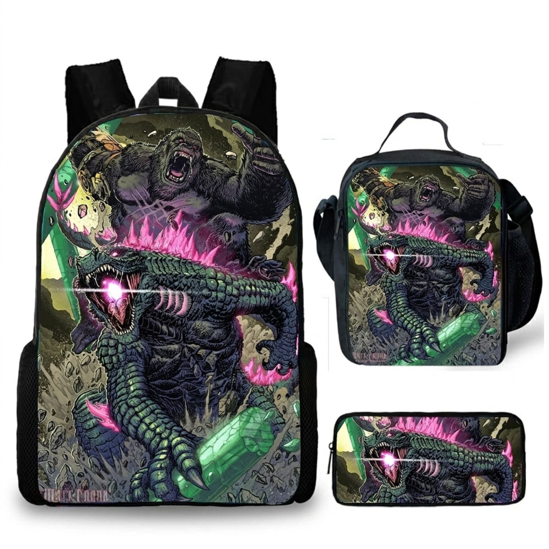 Sac à dos Godzilla pour enfant | Ensemble 3 pièces (sac + lunch bag + trousse) | Oxford imperméable
