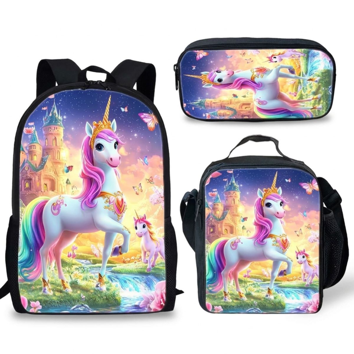 Sac à dos Licorne | Kit 3 pièces (Sac + bandoulière + trousse) | Polyester résistant