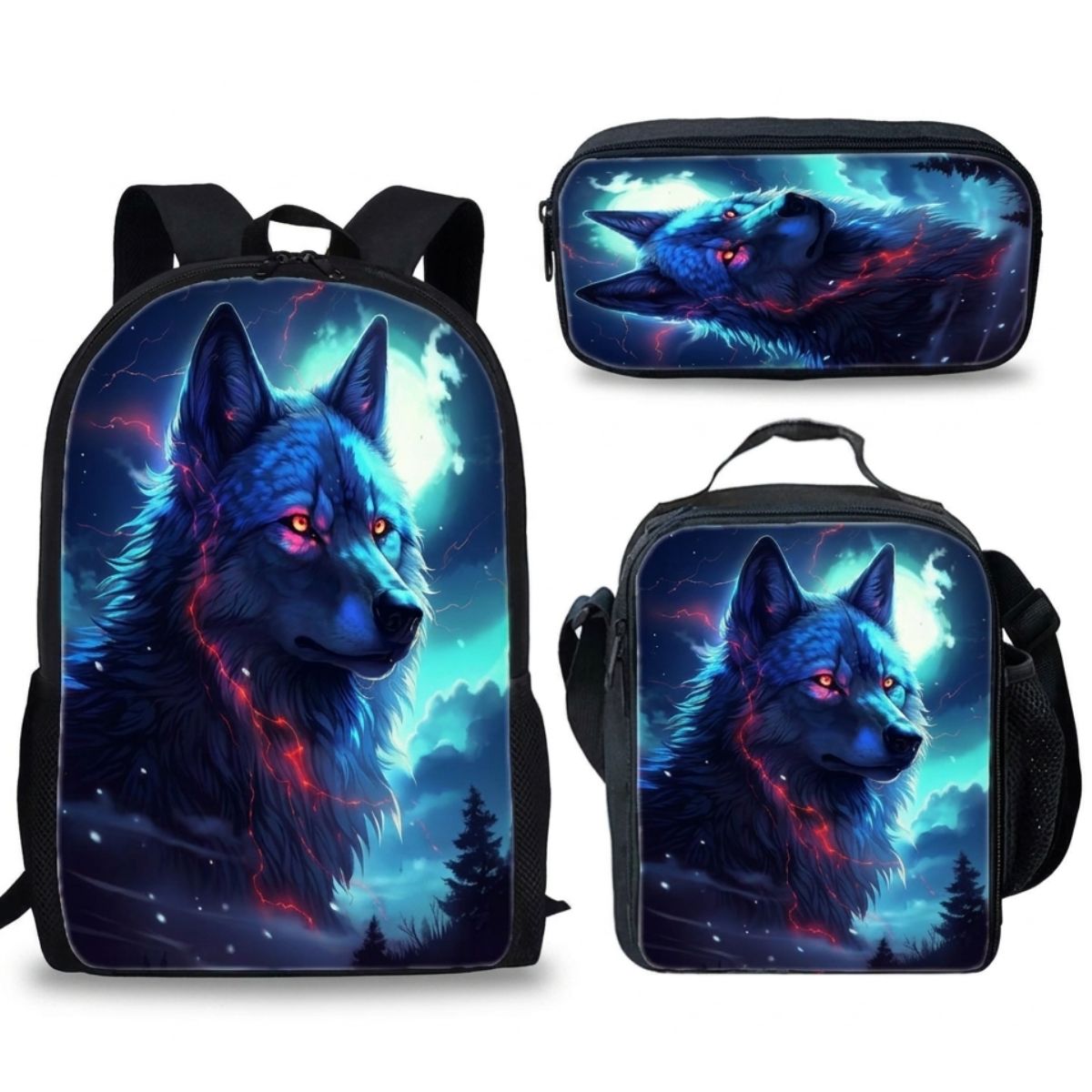 Sac à dos Loup | Ensemble 3 pièces (Sac + bandoulière + trousse) | Polyester résistant