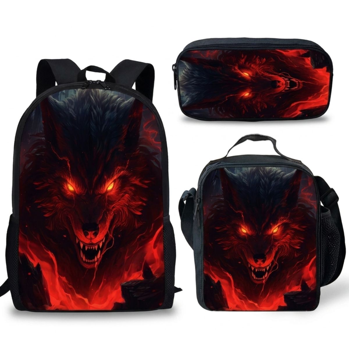 Sac à dos Loup | Ensemble 3 pièces (Sac + bandoulière + trousse) | Polyester résistant