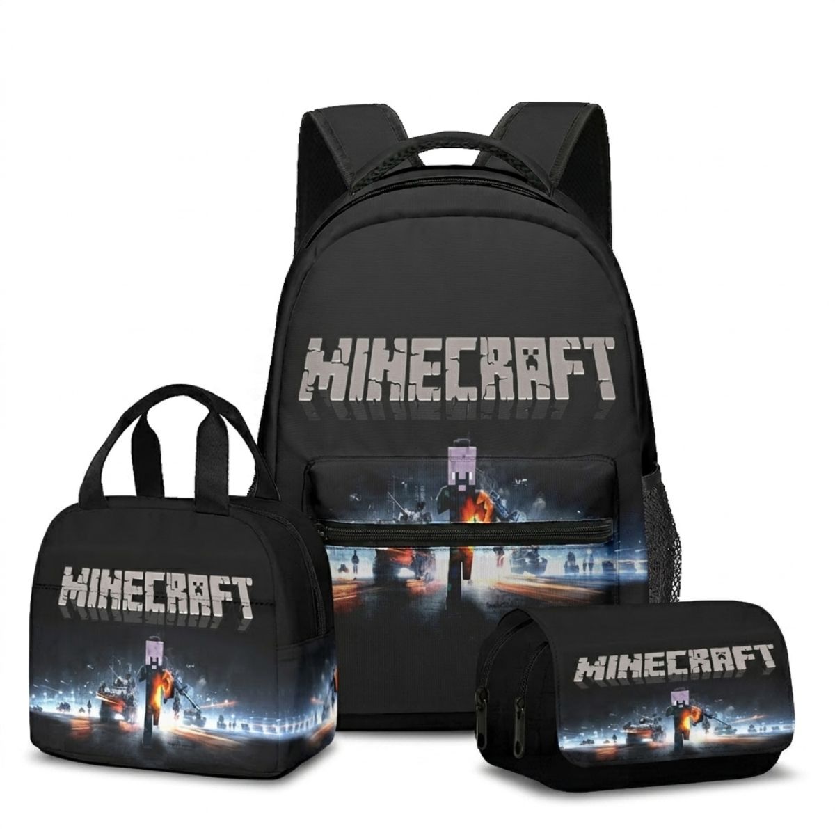 Sac à dos Minecraft | Ensemble 3 pièces  (sac + bandoulière + trousse) | Polyester résistant