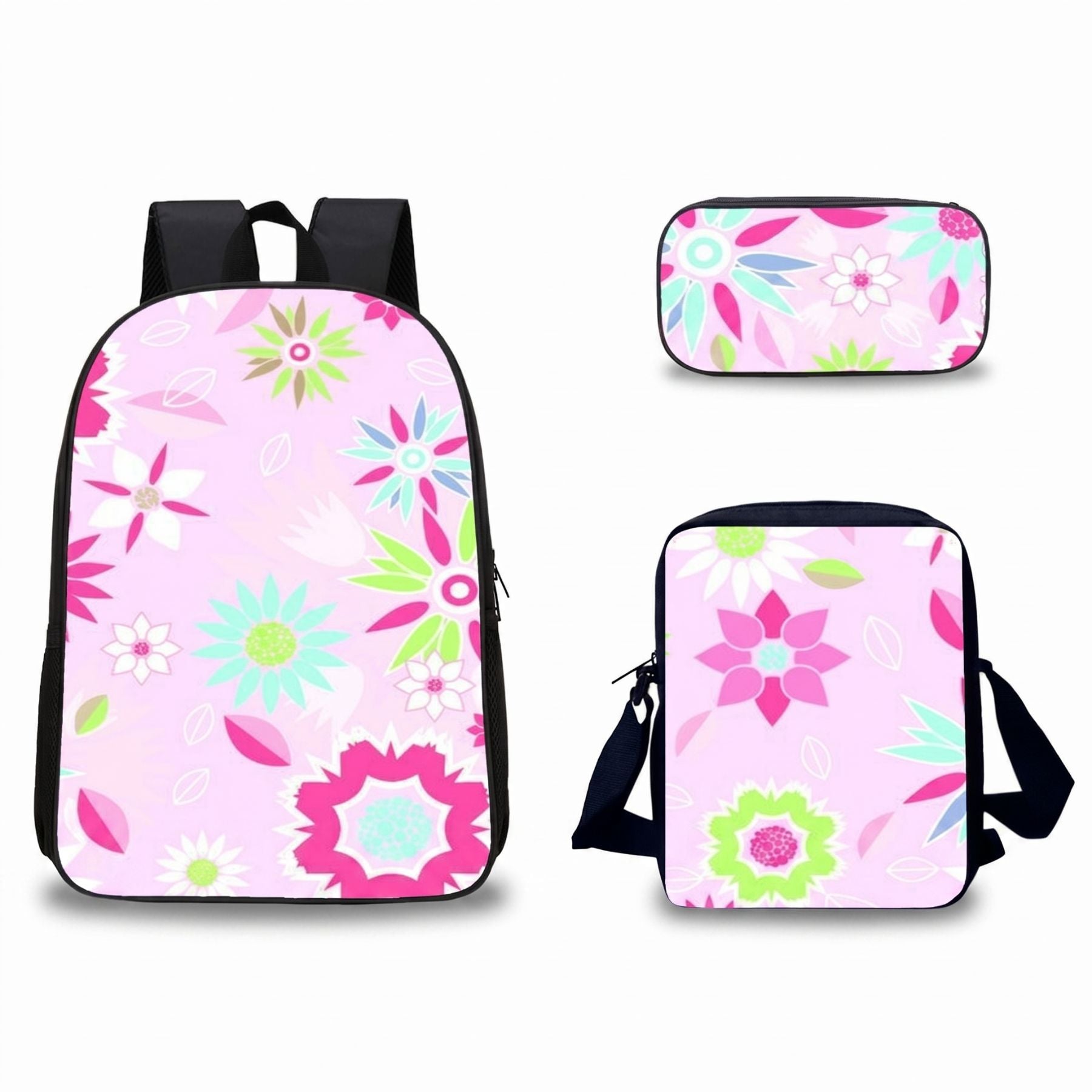 Sac à dos floral pour enfant | Ensemble 3 pièces (sac + bandoulière + trousse) | Oxford imperméable