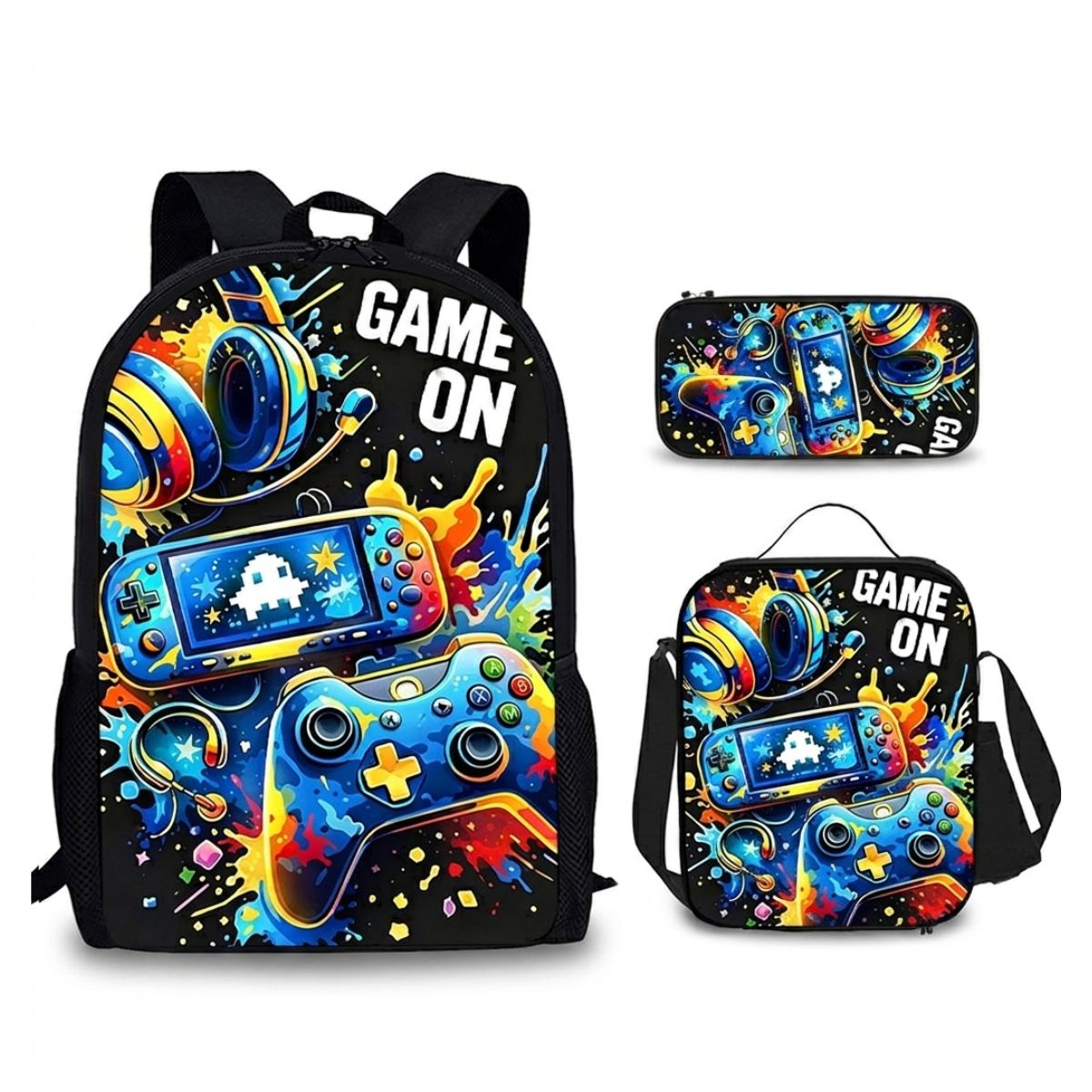 Sac à dos gaming | Ensemble 3 pièces (sac + lunch bag + trousse) | Polyester résistant