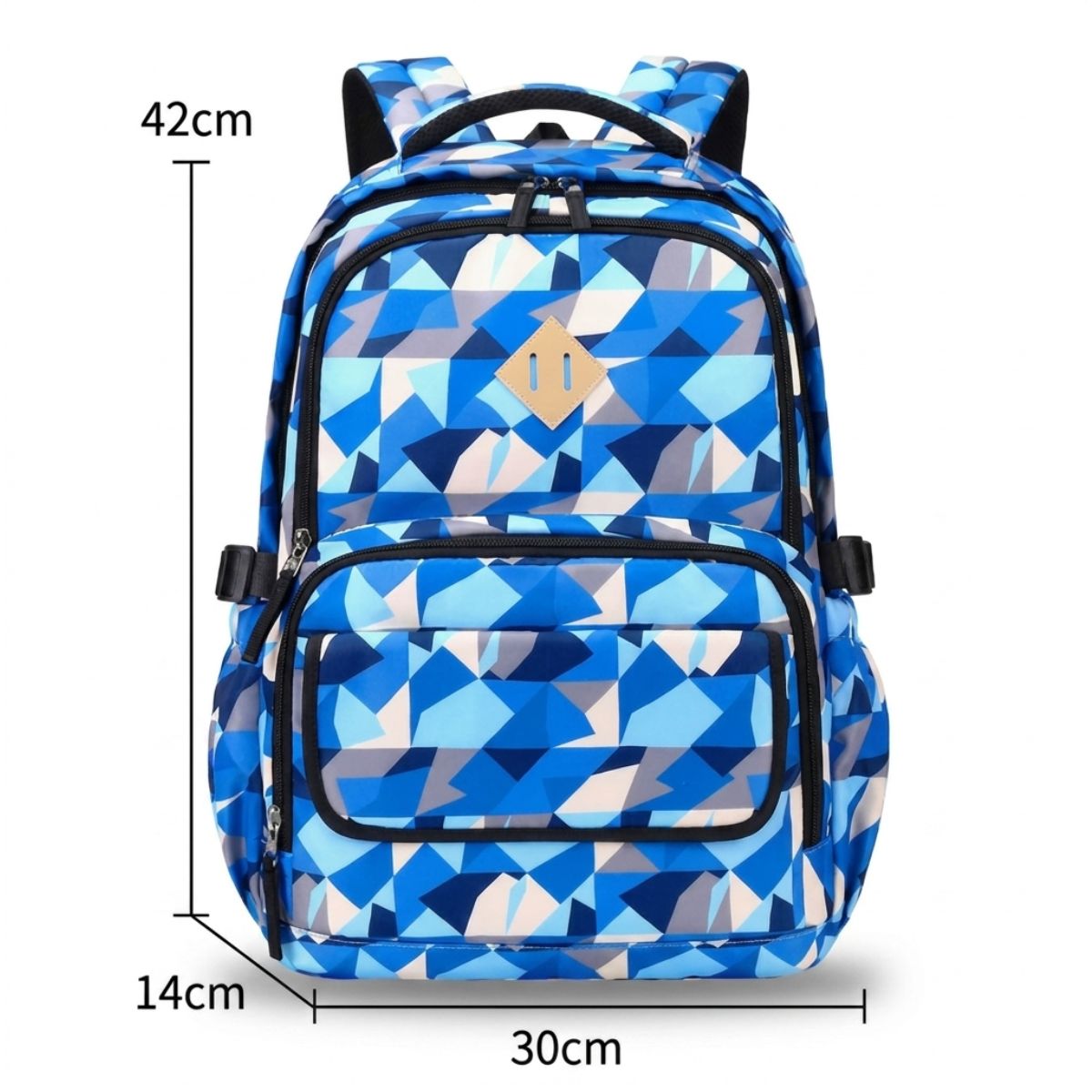 Sac à dos géométrique bleu | Multiples compartiments | Tissu résistant | Idéal pour l’école