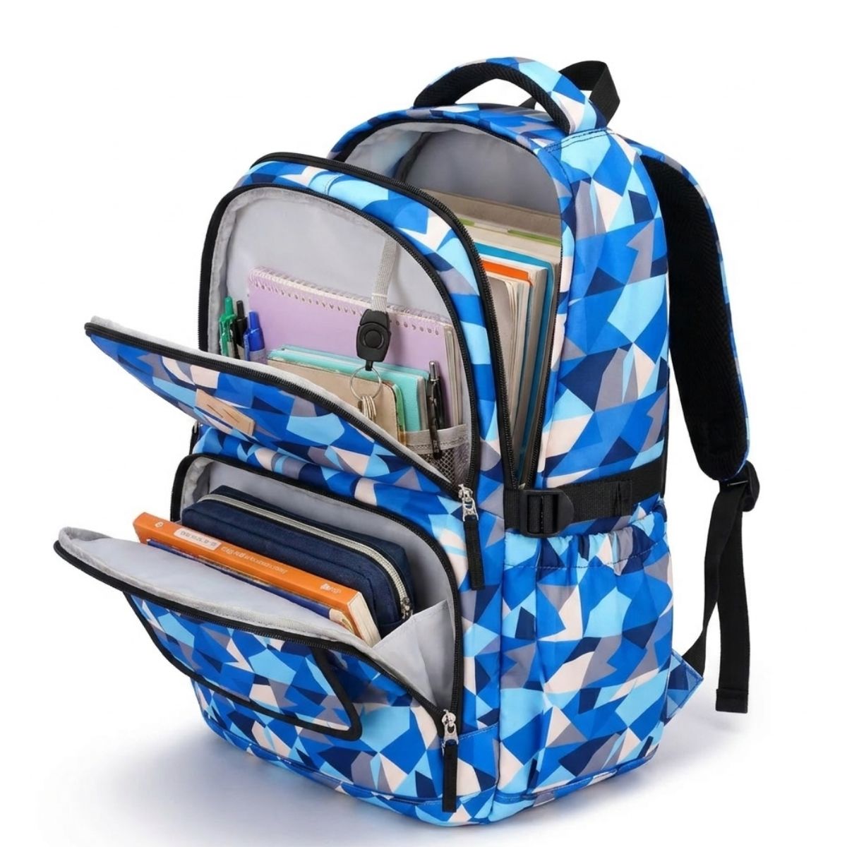 Sac à dos géométrique bleu | Multiples compartiments | Tissu résistant | Idéal pour l’école
