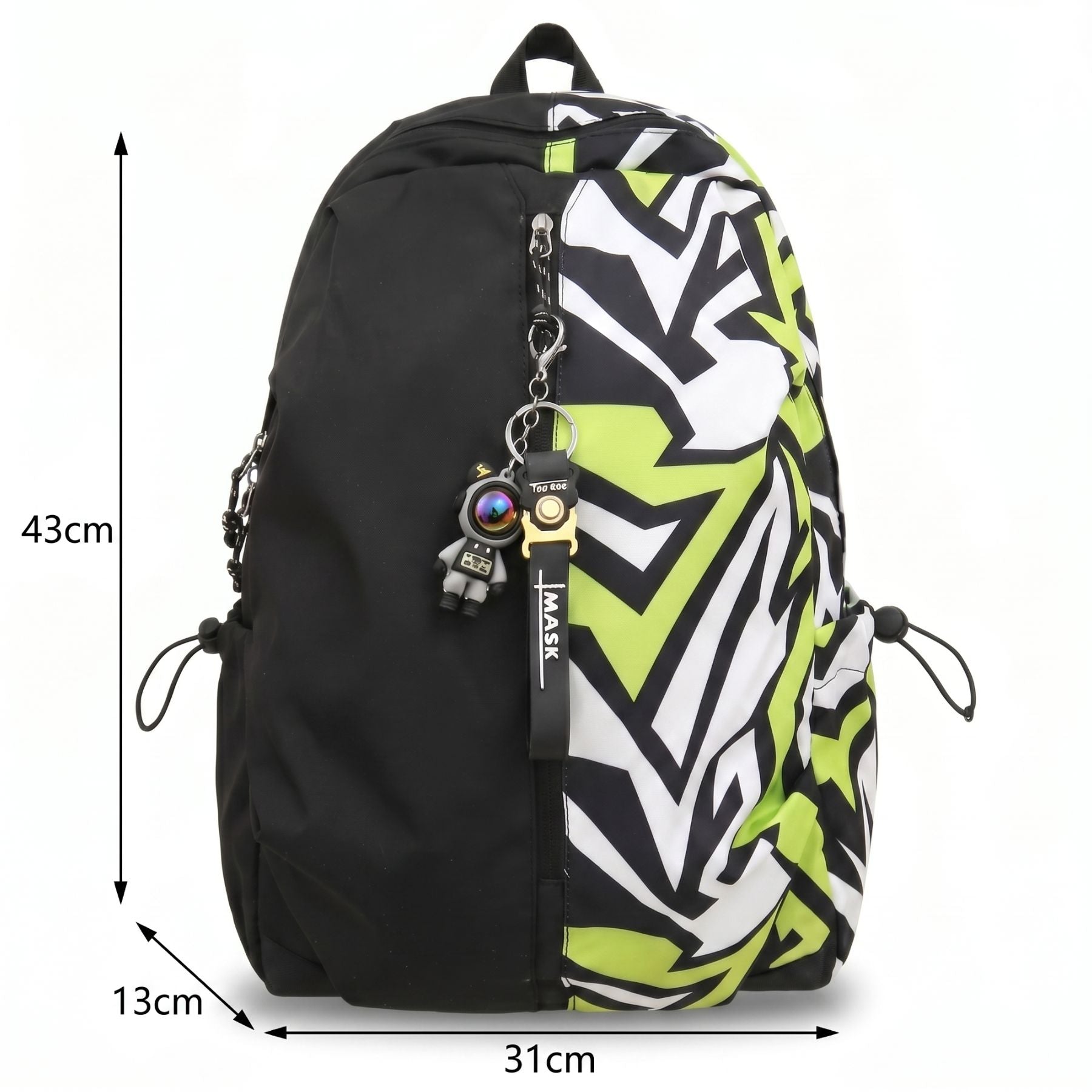 Sac à dos graffiti streetwear vert néon | Grande capacité | Nylon résistant et imperméable | Rangement quotidien pratique