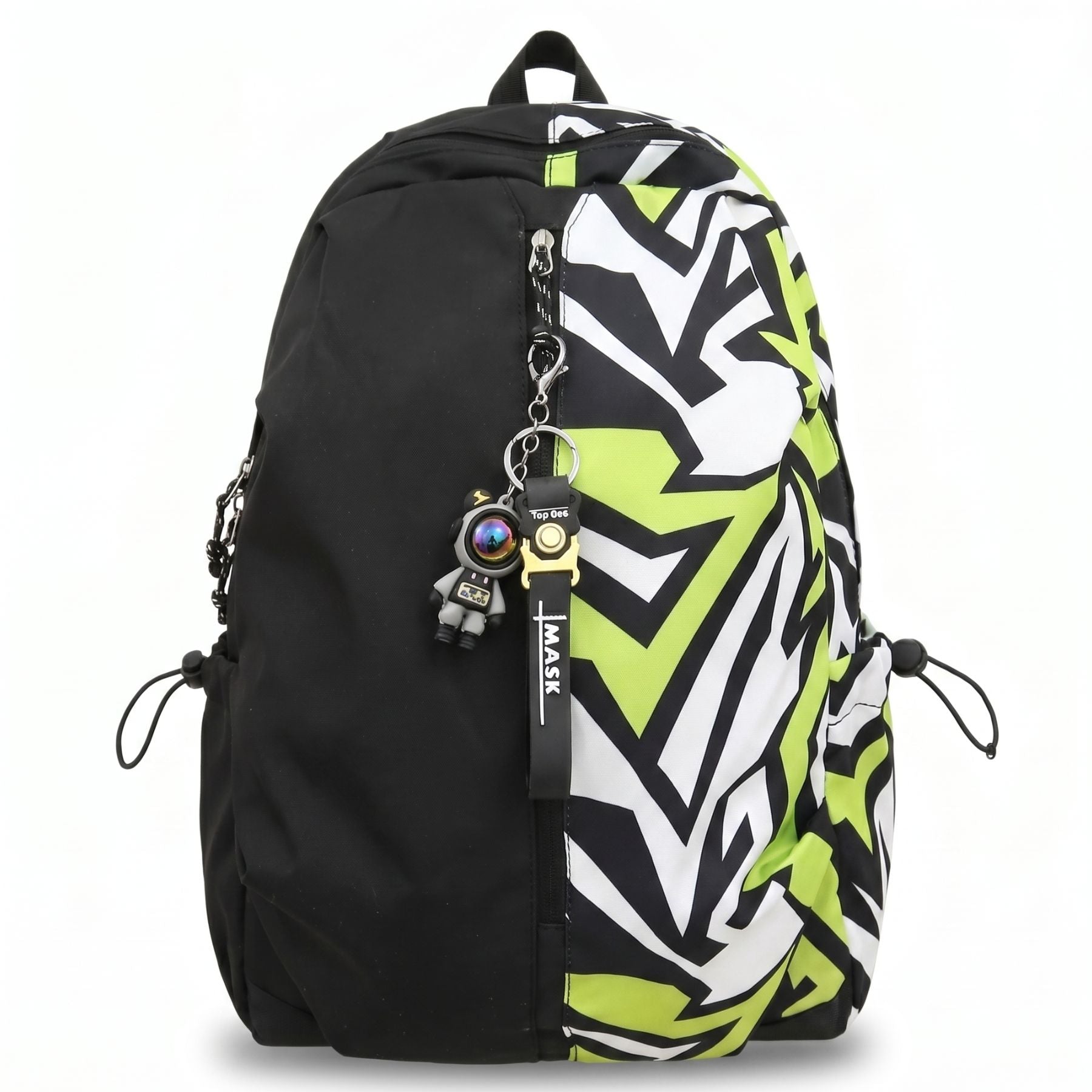 Sac à dos graffiti streetwear vert néon | Grande capacité | Nylon résistant et imperméable | Rangement quotidien pratique