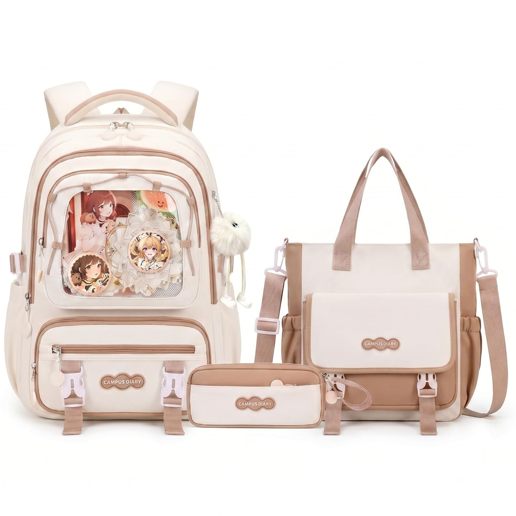 Sac à dos kawaii mignon pour fille | Ensemble 3 pièces (sac + petit sac bandoulière + trousse)  | Oxford résistant
