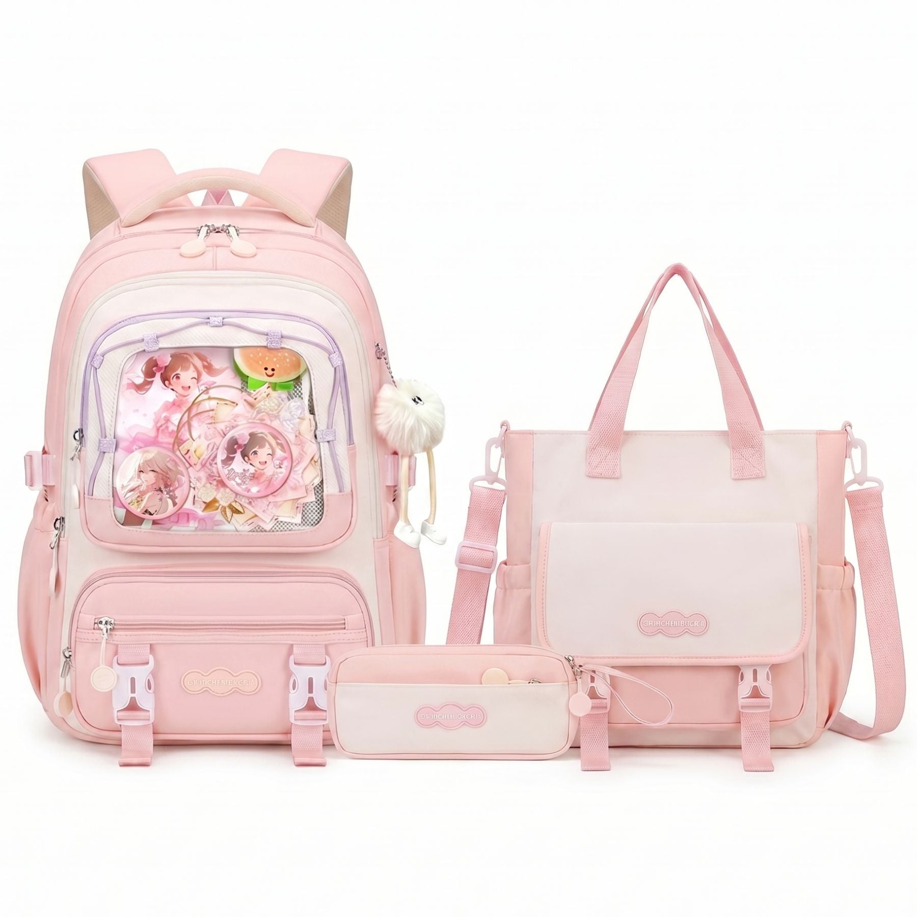 Sac à dos kawaii mignon pour fille | Ensemble 3 pièces (sac + petit sac bandoulière + trousse)  | Oxford résistant