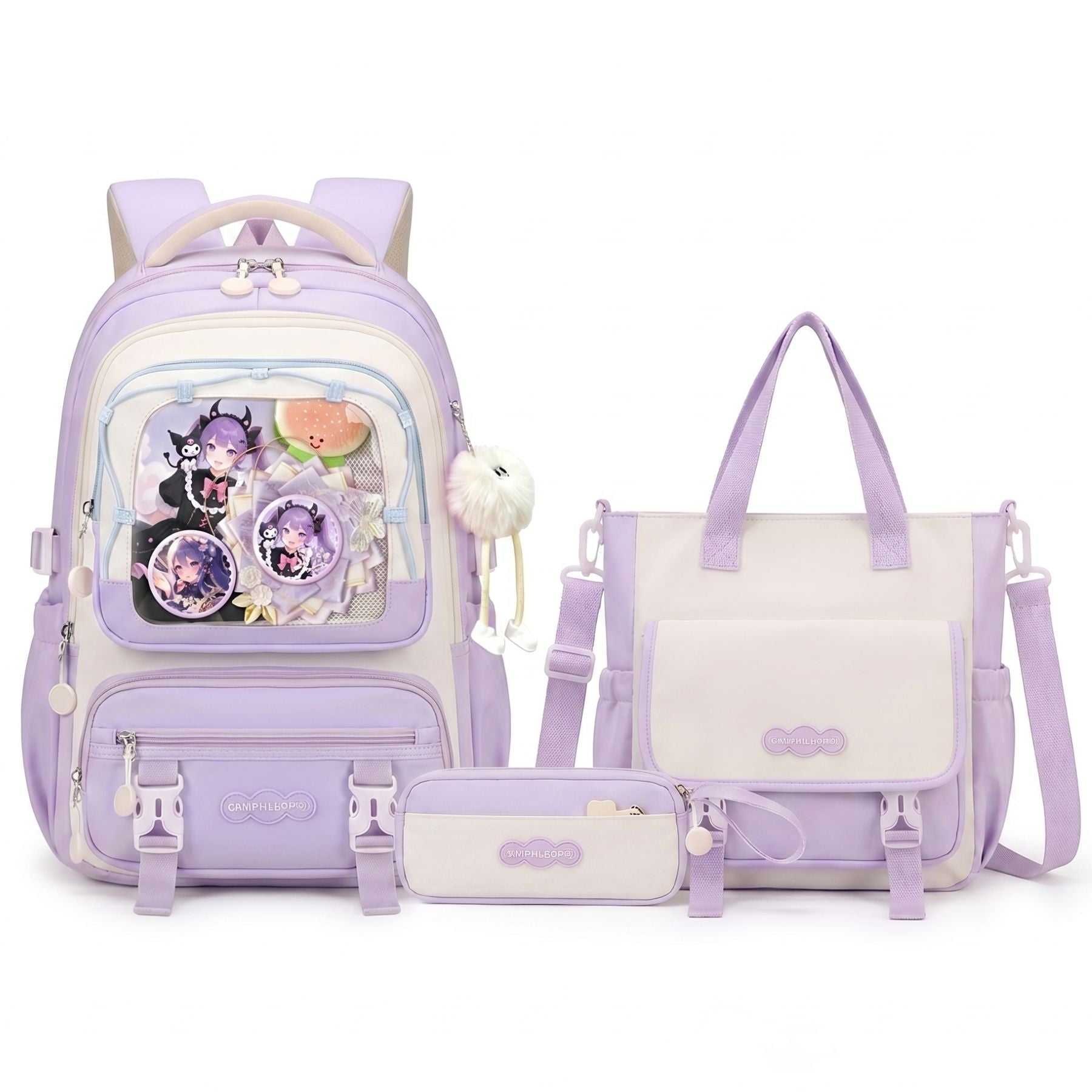 Sac à dos kawaii mignon pour fille | Ensemble 3 pièces (sac + petit sac bandoulière + trousse)  | Oxford résistant