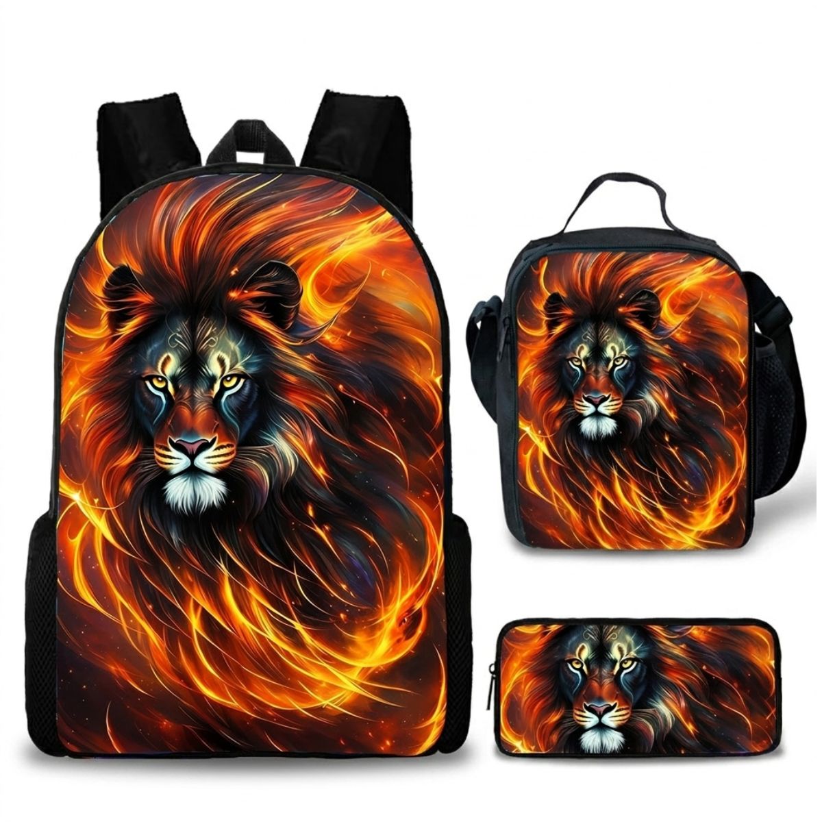 Sac à dos lion | Kit 3 pièces (sac + lunch bag + trousse) | Tissu Oxford