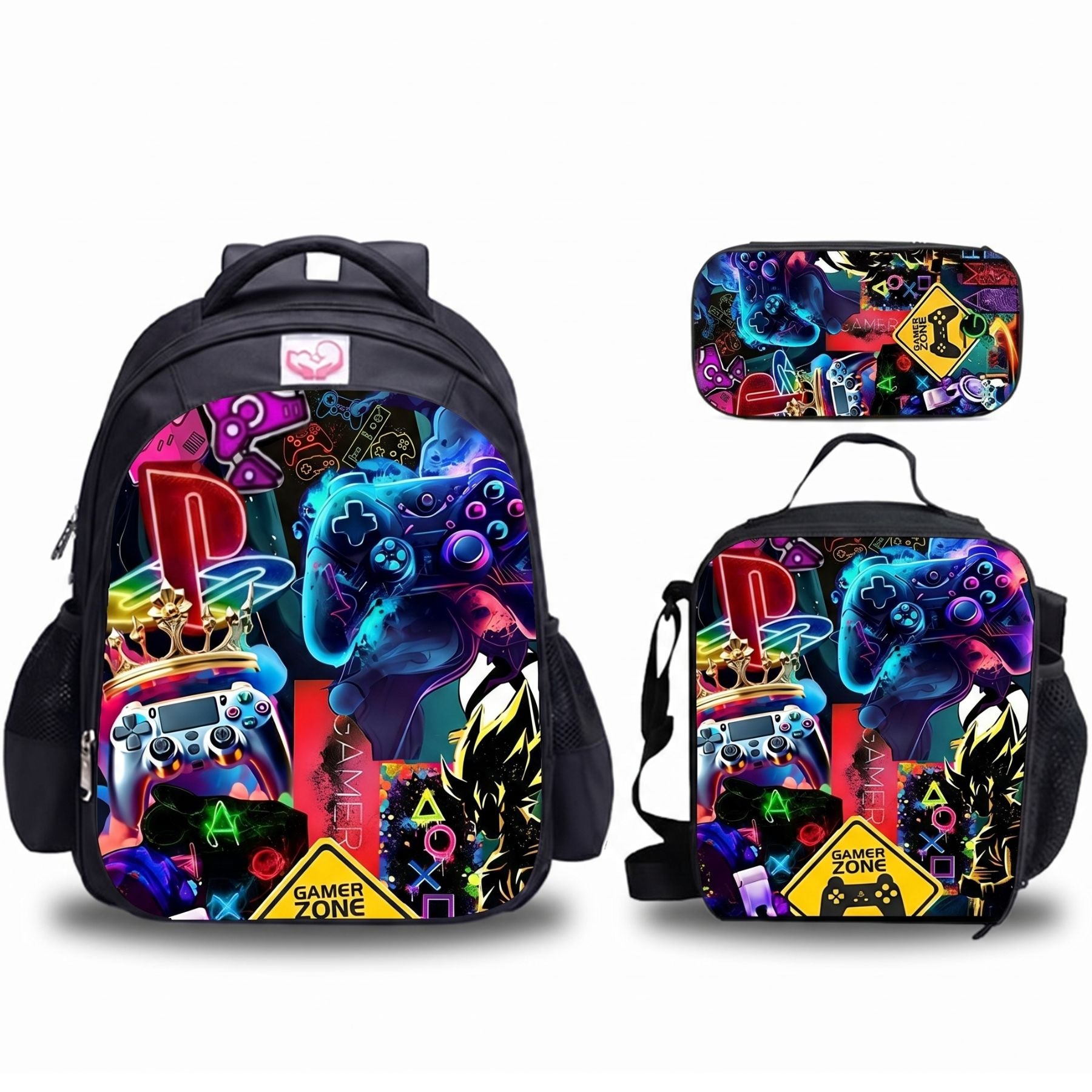 Sac à dos motif gaming manette | Ensemble 3 pièces (sac + lunch bag + trousse) | Oxford résistant