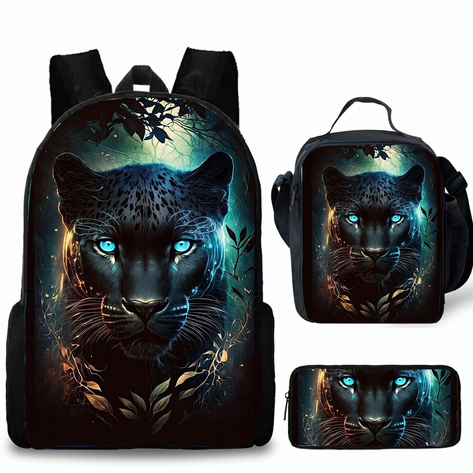 Sac à dos motif panthère noire | Ensemble 3 pièces (sac + lunch bag + trousse) | Oxford résistant