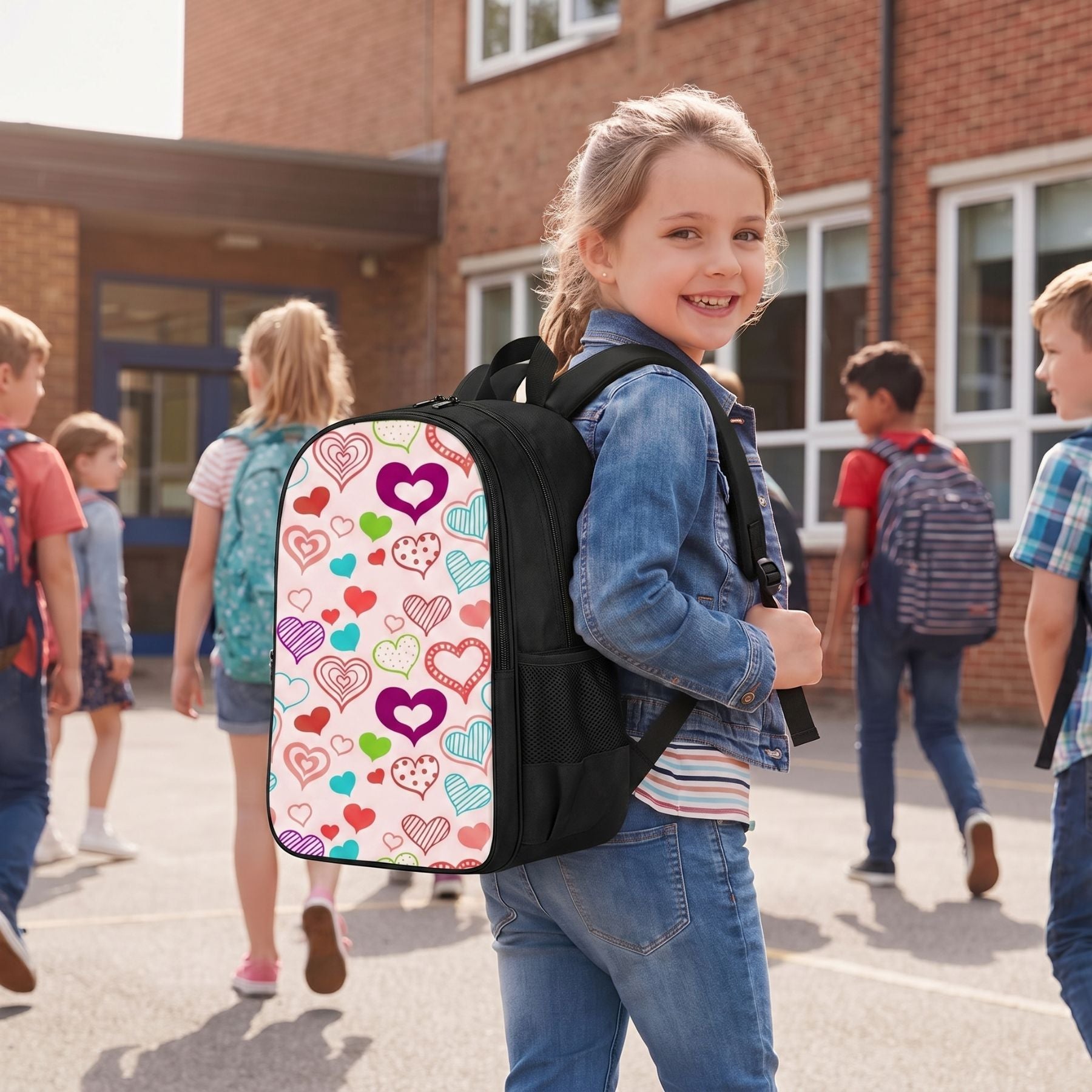 Sac à dos multi cœurs colorés pour enfant | Ensemble 3 pièces (sac + lunch bag + trousse) | Oxford imperméable