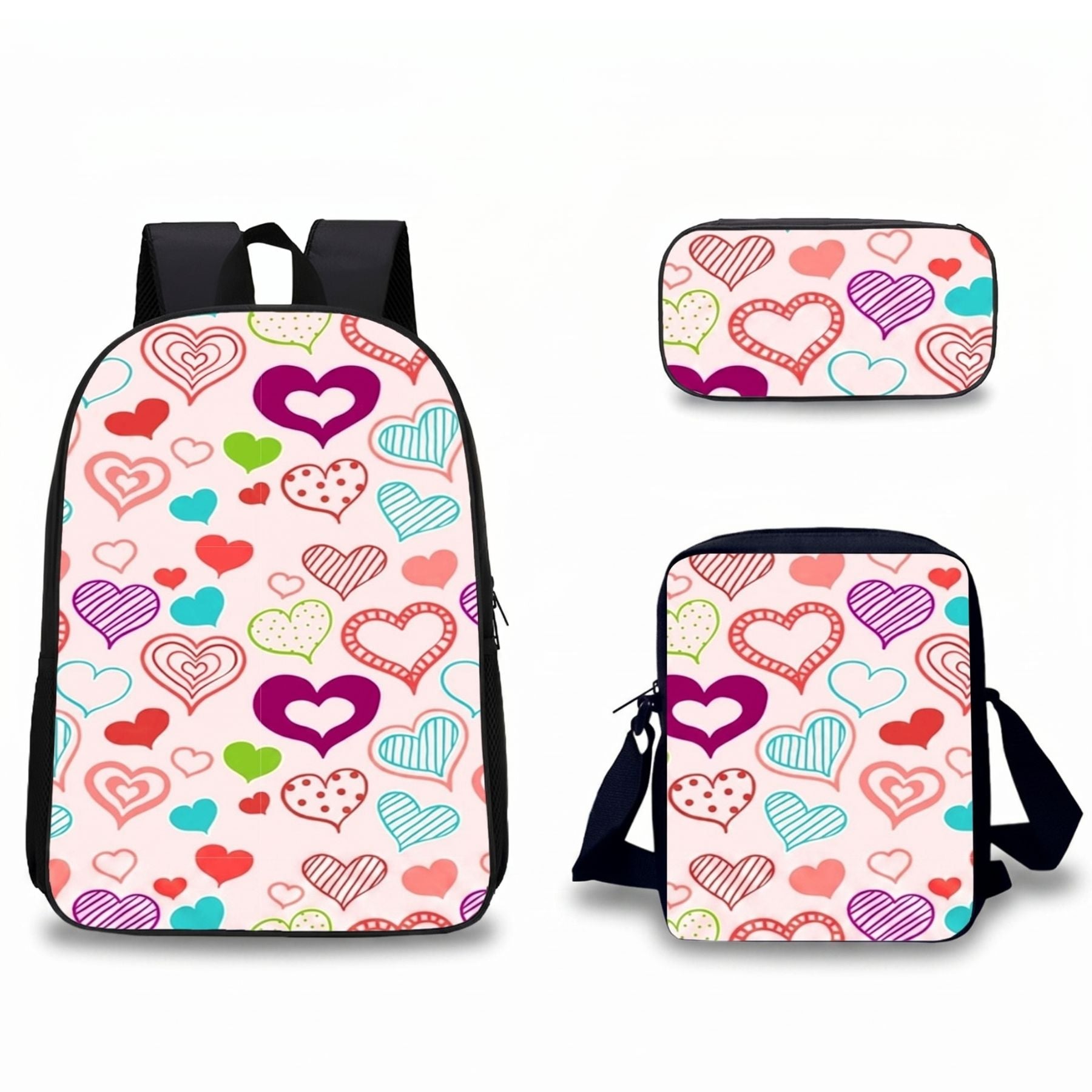 Sac à dos multi cœurs colorés pour enfant | Ensemble 3 pièces (sac + lunch bag + trousse) | Oxford imperméable