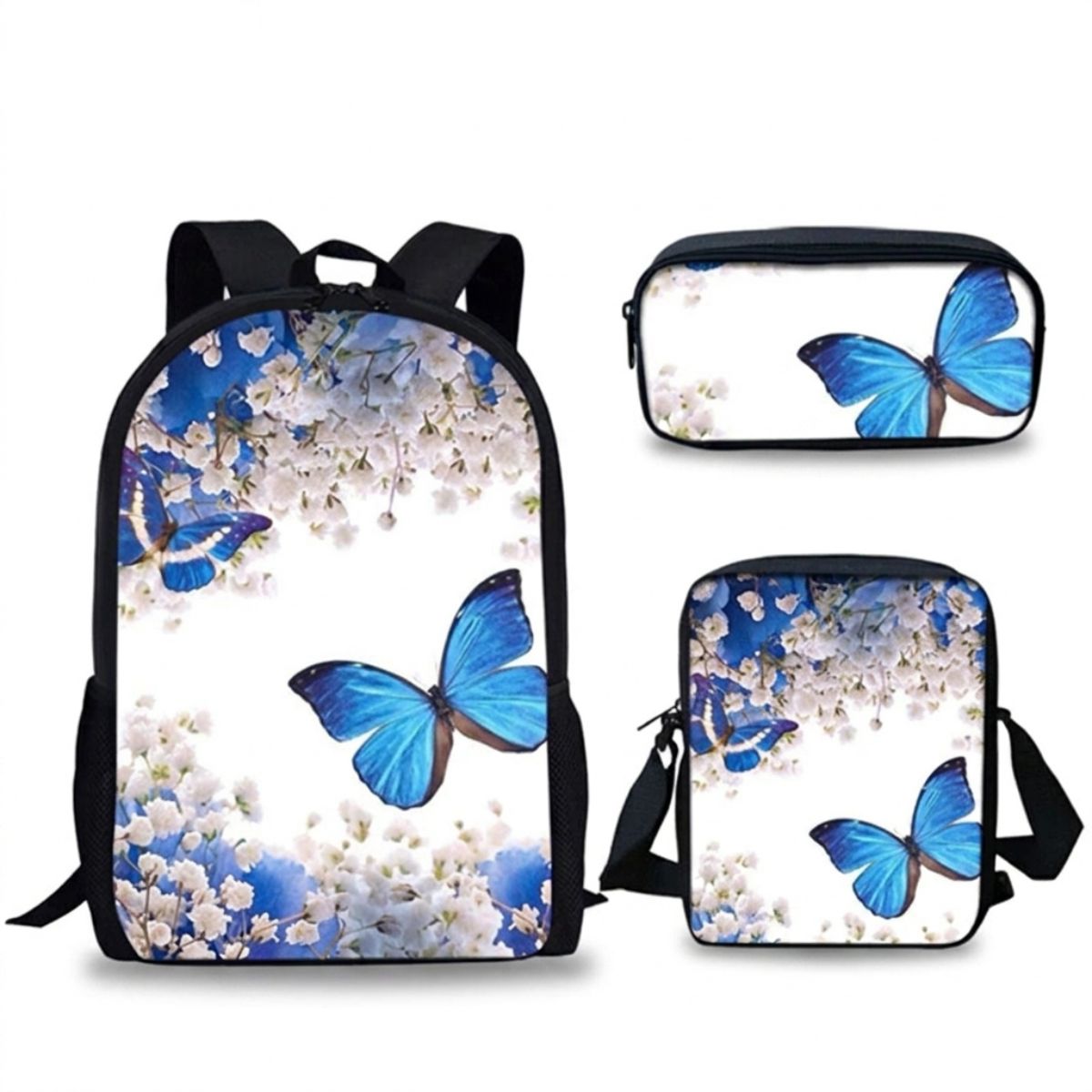 Sac à dos papillon pour enfant | Ensemble 3 pièces (sac + bandoulière + trousse) | Nylon imperméable