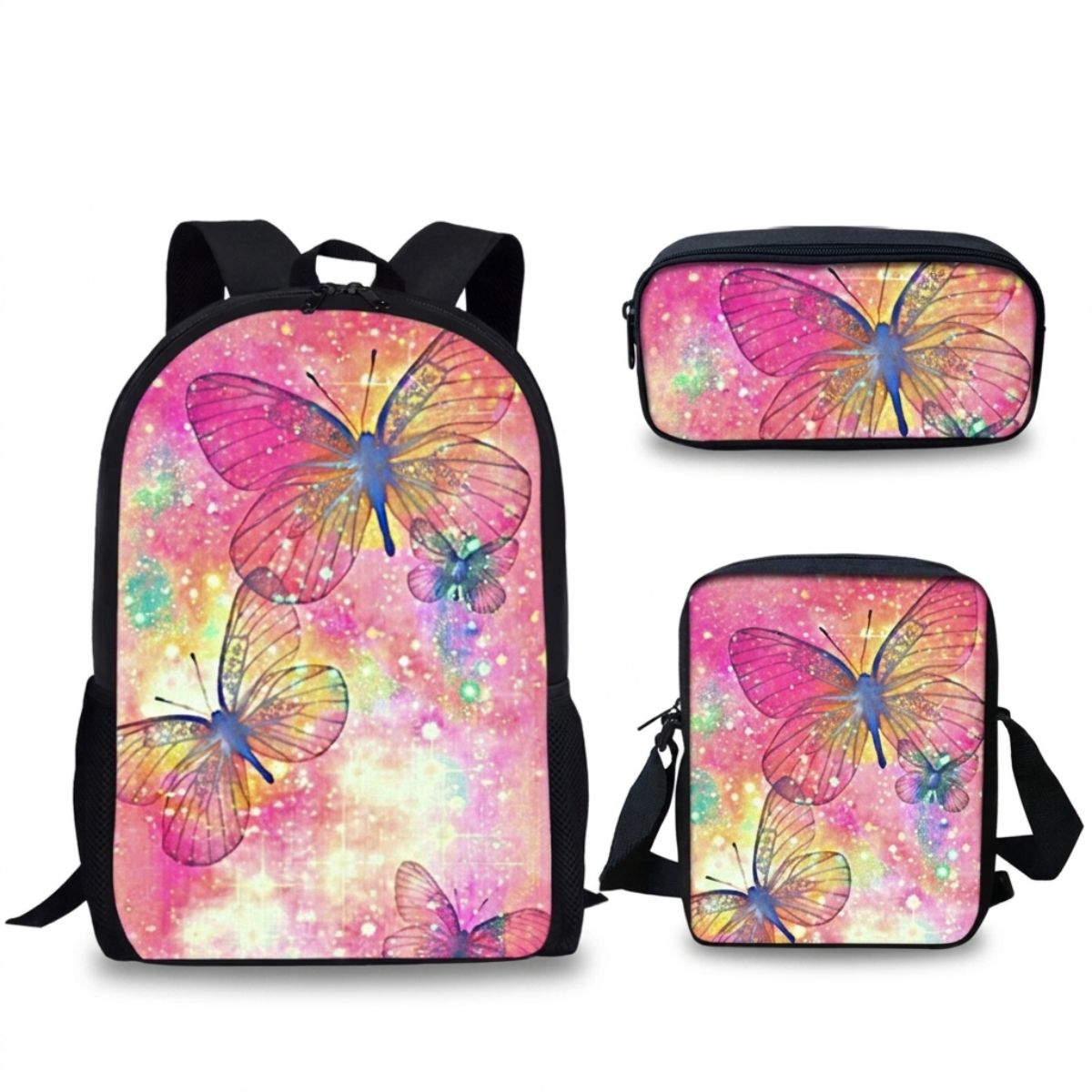 Sac à dos papillon pour enfant | Ensemble 3 pièces (sac + bandoulière + trousse) | Nylon imperméable