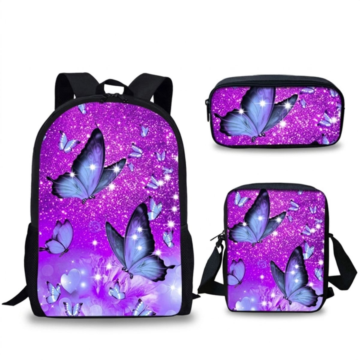 Sac à dos papillon pour enfant | Ensemble 3 pièces (sac + bandoulière + trousse) | Nylon imperméable